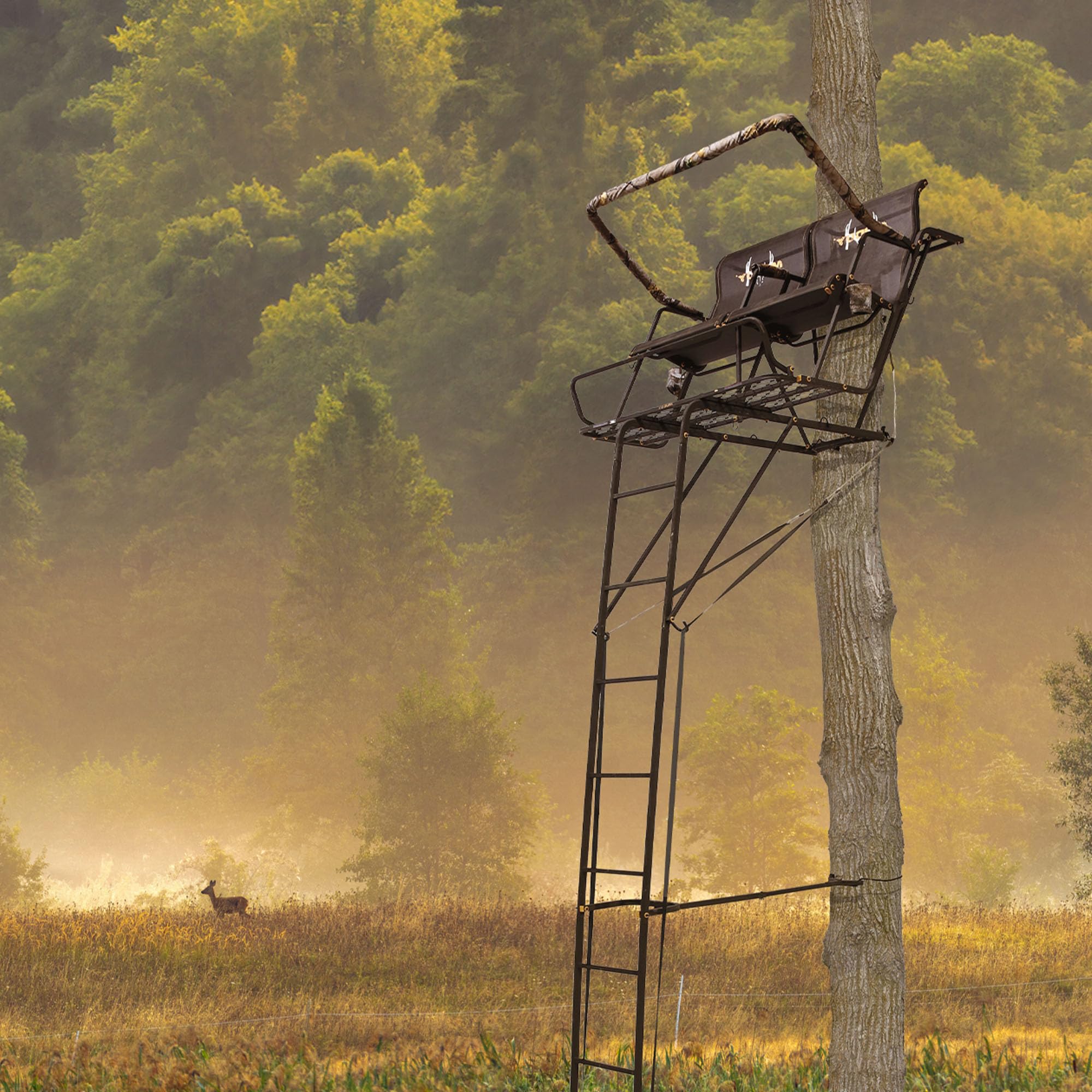 Muddy 2.5 Boss Stronghold Deer Hunting 18 Foot 2 Person Ladderstand Tree Stand with Lumbar Seat and Expanded D Force Metal Platform