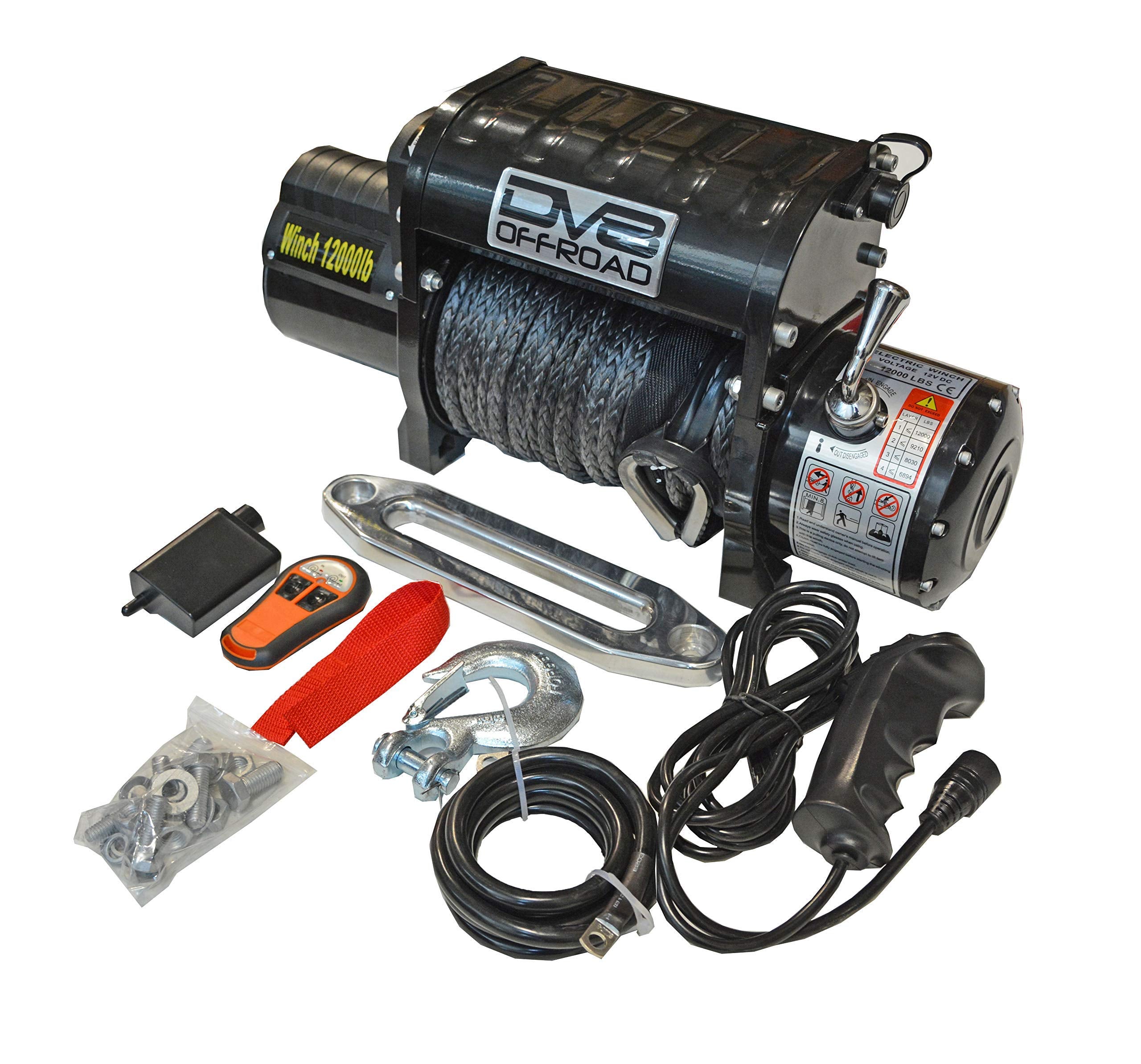 WB12SR | DV8 Offroad | Recovery Winch | Synthetic Rope with Hawse Fairlead | 12,000 Line Pull Rating | 6.0HP Motor | 3-Stage Planetary Gears in 265:1 Ratio | Dual Remotes Included