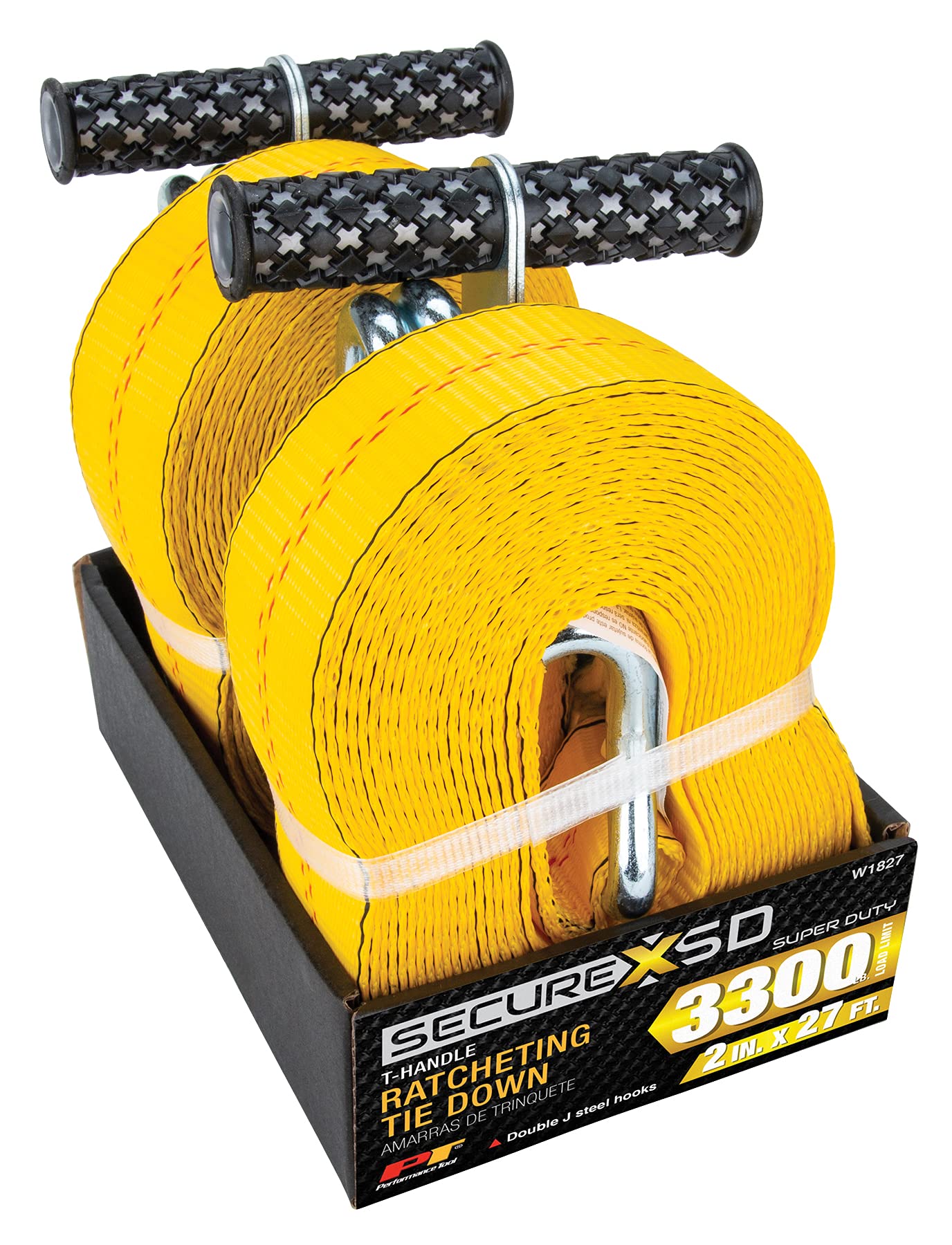 2 in. X 27 Ft. Performance Tool W1827 Tie Down SecureX - Heavy Duty Ratchet Strap with J-Hooks for Safe and Secure Cargo Transport and Storage