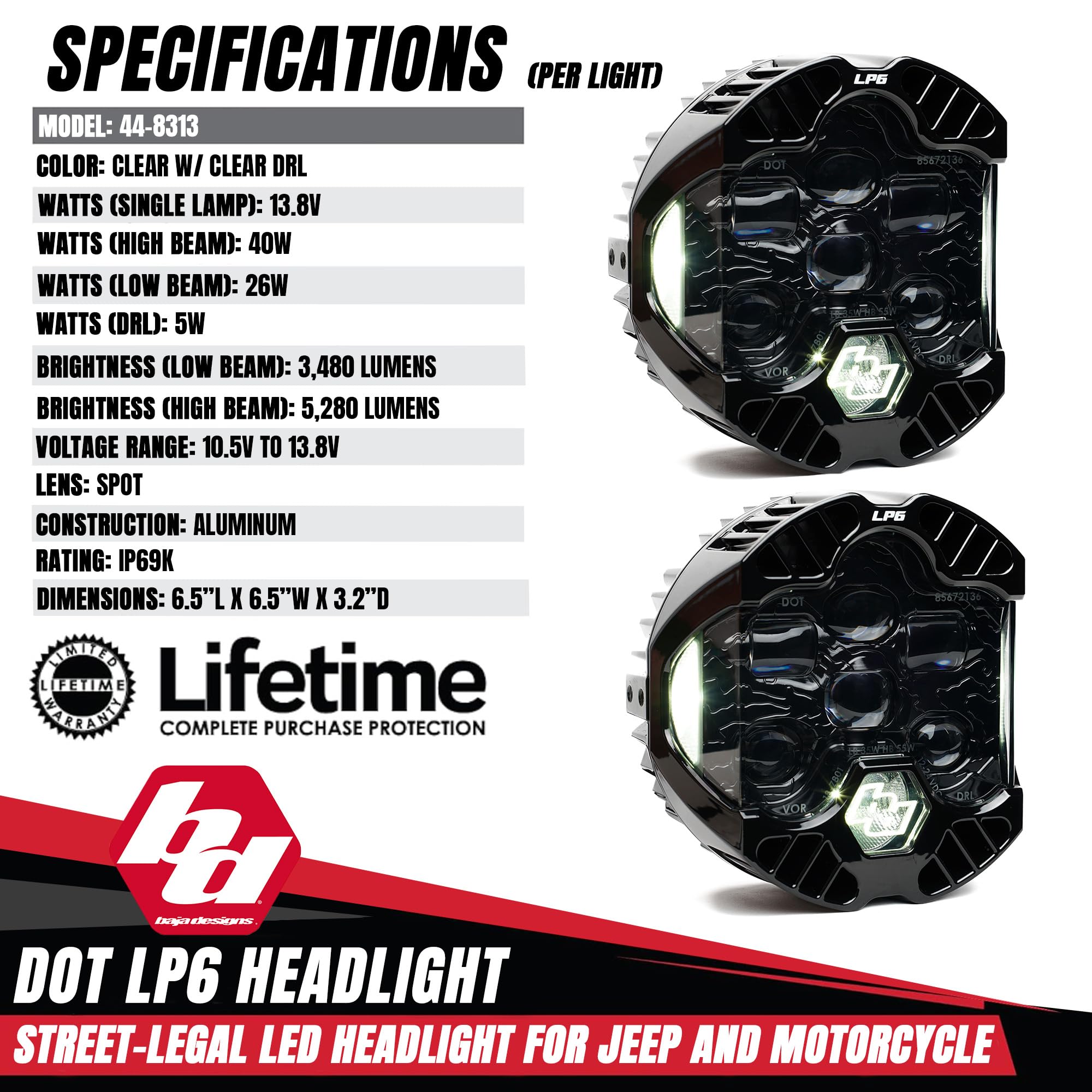 Baja Designs LP6 DOT SAE 6.5" Road-Legal LED Headlight Kit for 2018+ JL/JT, 2020+ Gladiator JT with Halogen Headlights – High/Low Beam Functionality with Clear DRL, JL/JT Specific Mounts (Pair)