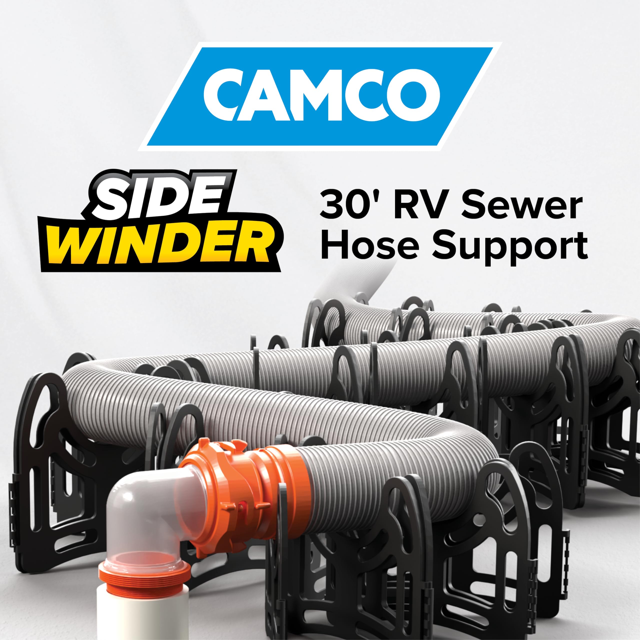 30-Ft Camco Sidewinder RV Sewer Hose Support - Flexible Telescoping Design for Avoiding Obstacles & Deep Cradles Secure RV Sewer Hose - Out-of-The-Box Ready & Folds for RV Storage (43061)