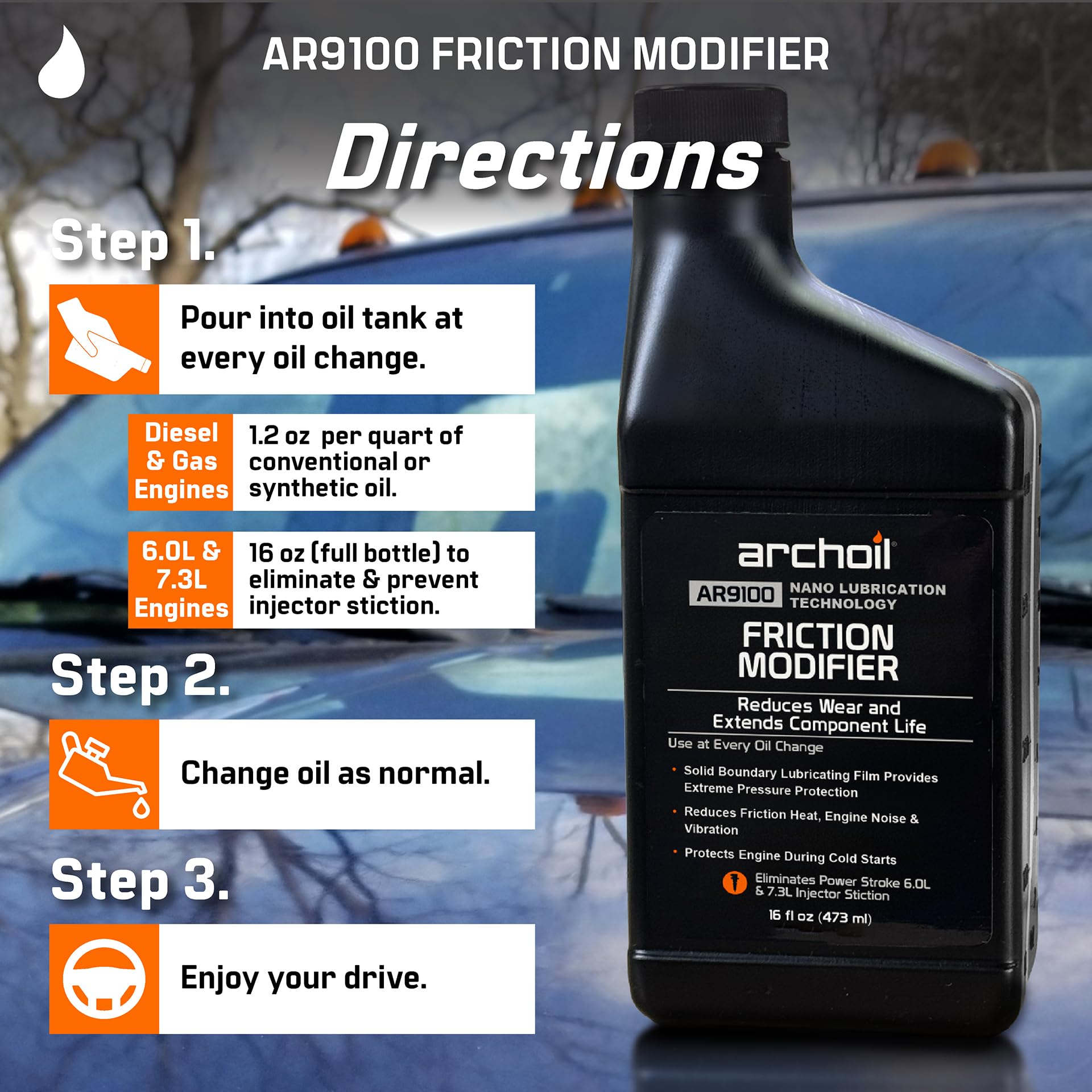 AR9100 Oil Additive (16oz) for All Vehicles - Cold Starts Powerstroke, Eliminates Injector Problems