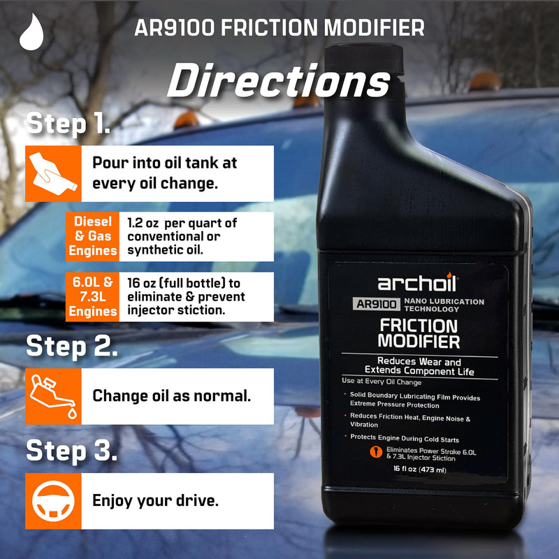 AR9100 Oil Additive (16oz) for All Vehicles - Cold Starts Powerstroke, Eliminates Injector Problems