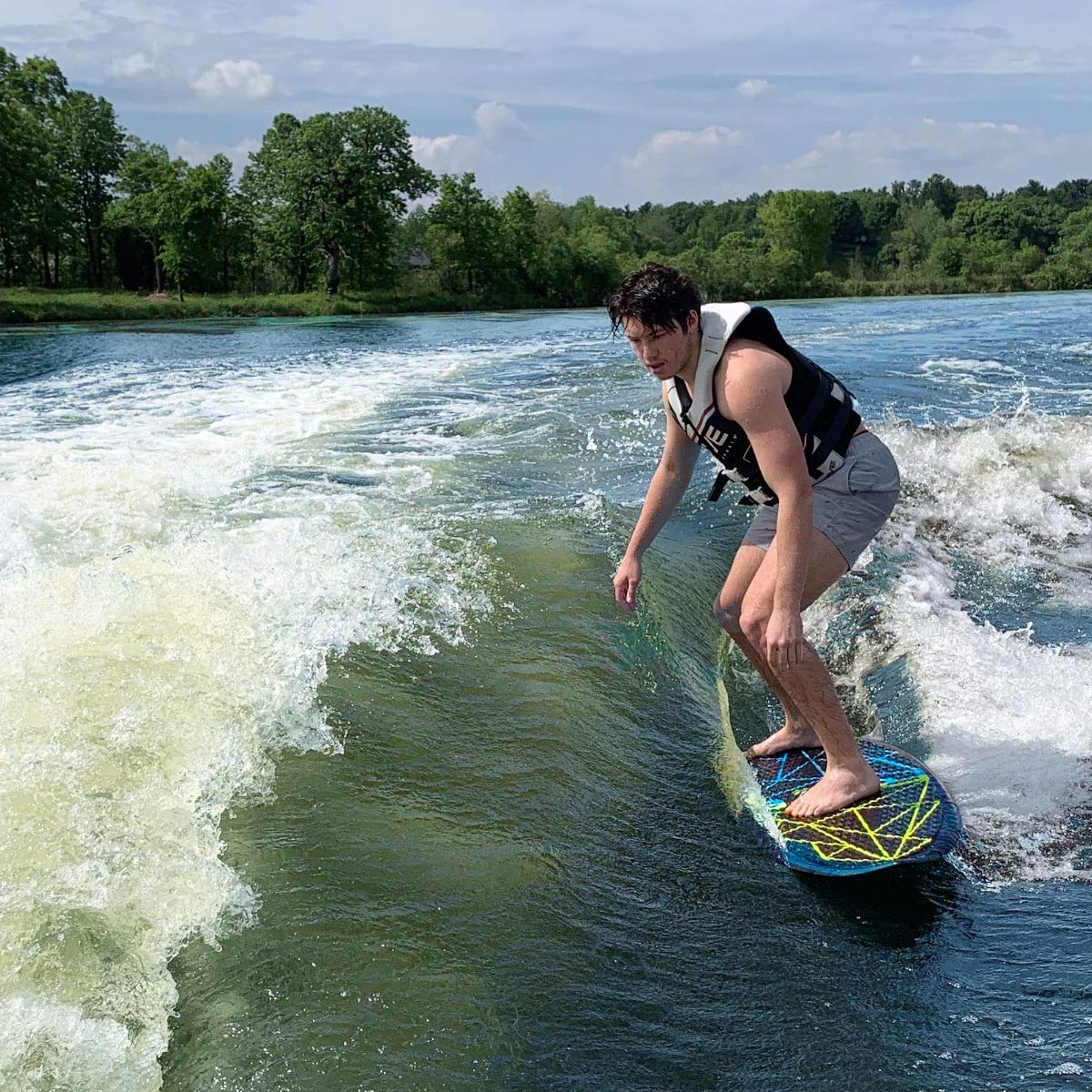Fractal Wake Surf Board RAVE Sports, 59" x 22", Consistent Weight Distribution and Control, Compressed Molded Fiberglass, Foam Core, Kicktail Design, 3 Fins, Textured EVA Pad, Max Weight 250 lbs