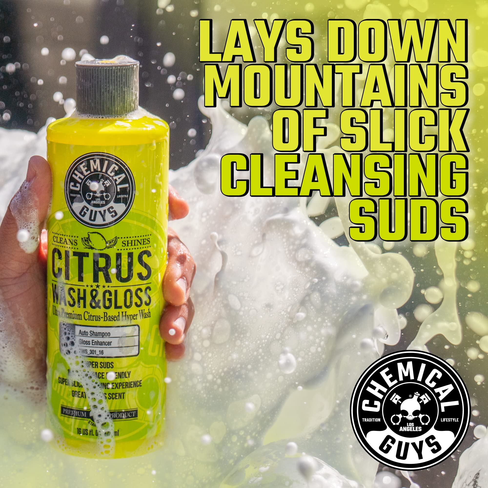 Chemical Guys Foaming Citrus Wash & Gloss Car Wash Soap - High Suds Formula Foam Cannon Soap for Bucket Washes, or Foam Blasters - Safe on Paint, Clear Coat, and Wax, Citrus Scent - 16 oz