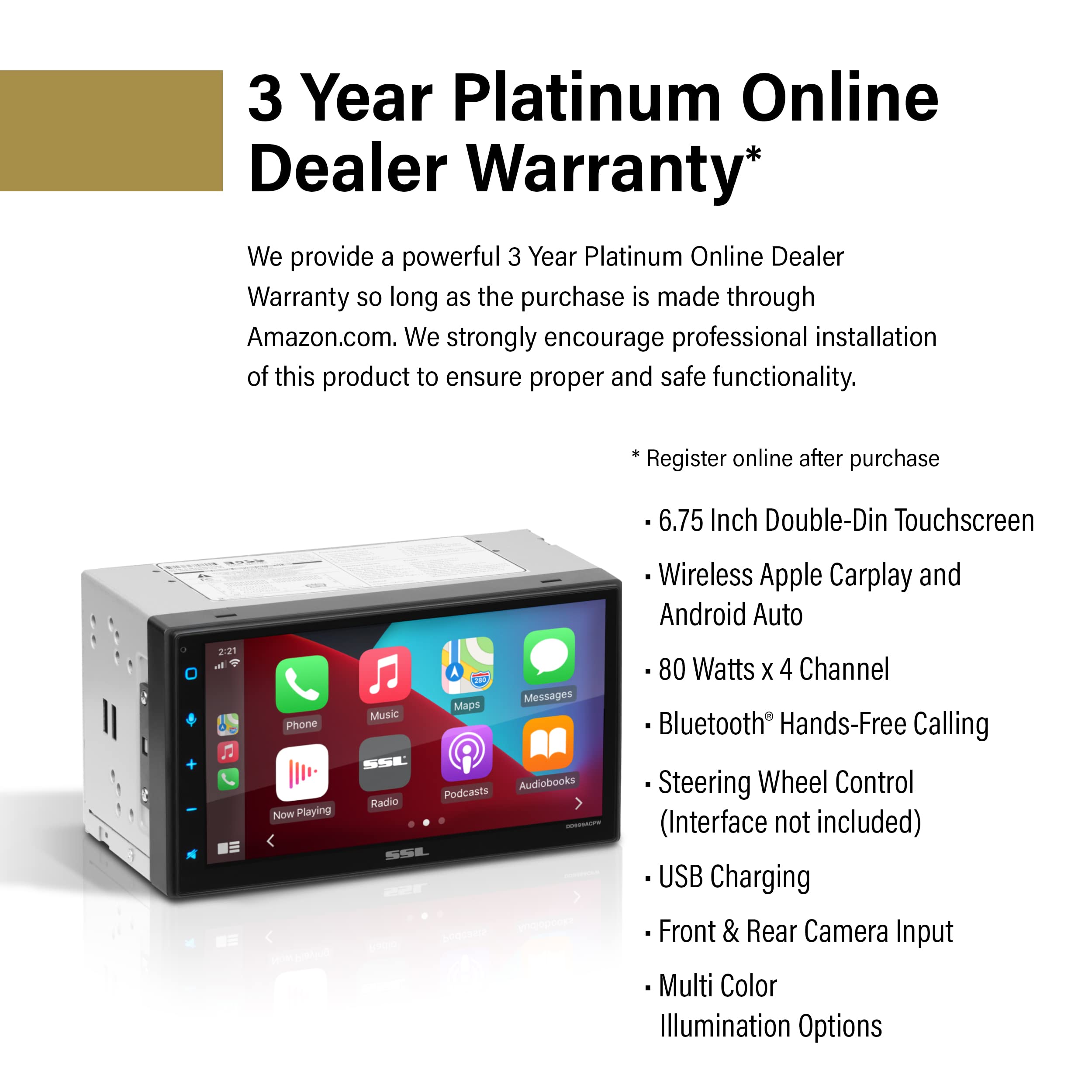 Apple CarPlay Sound Storm Laboratories DD999ACPW Wireless Android Auto Car Multimedia Player - Double-Din, 6.75 Inch Capacitive Touchscreen, Bluetooth, USB, No CD DVD Player, Multi-Color Illumination