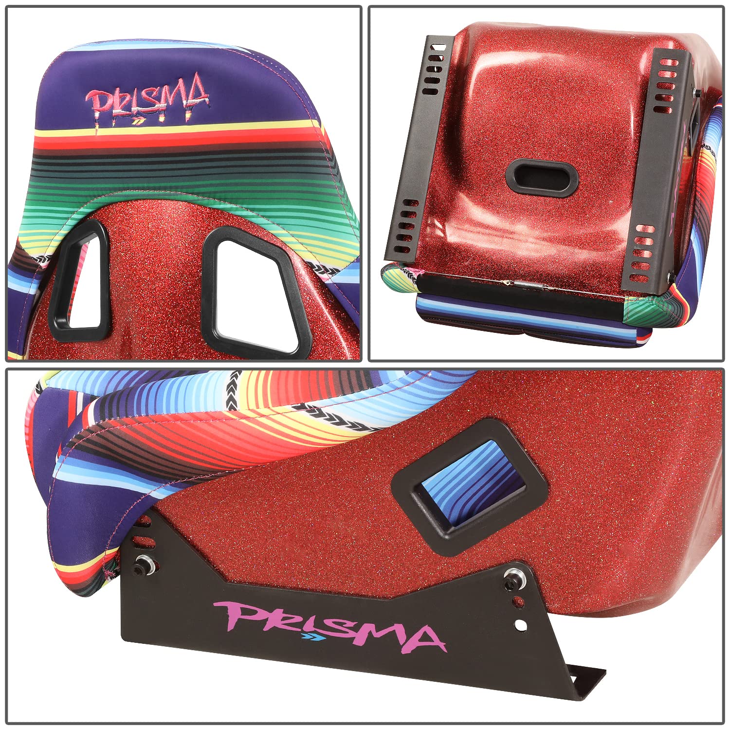 NRG Innovations Prisma FRP-303-MEXICALI Fixed Back Bucket Racing Seat with Bottom Mount Bracket, Serape Design/Fresh Red Glitter Back
