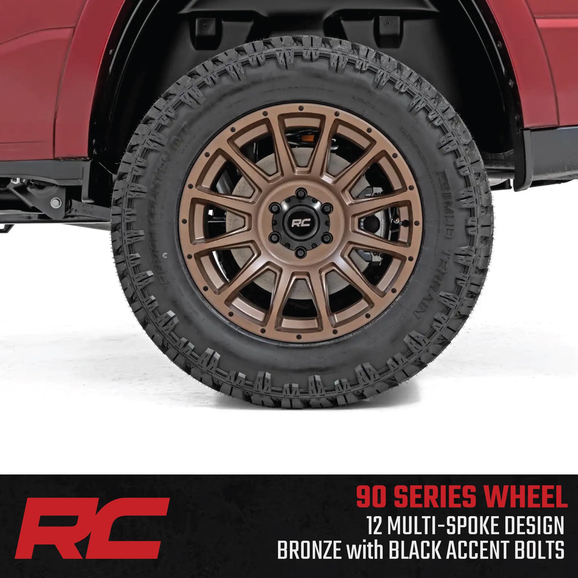 90 Series Rough Country 18x9 Off-Road Wheels for Trucks, Bronze Finish with Black Accent Bolts, One Piece Aluminum, Multi-Spoke Design Truck Rims (18 x 9 in, 6 x 5.5 in, -12 mm Offset)