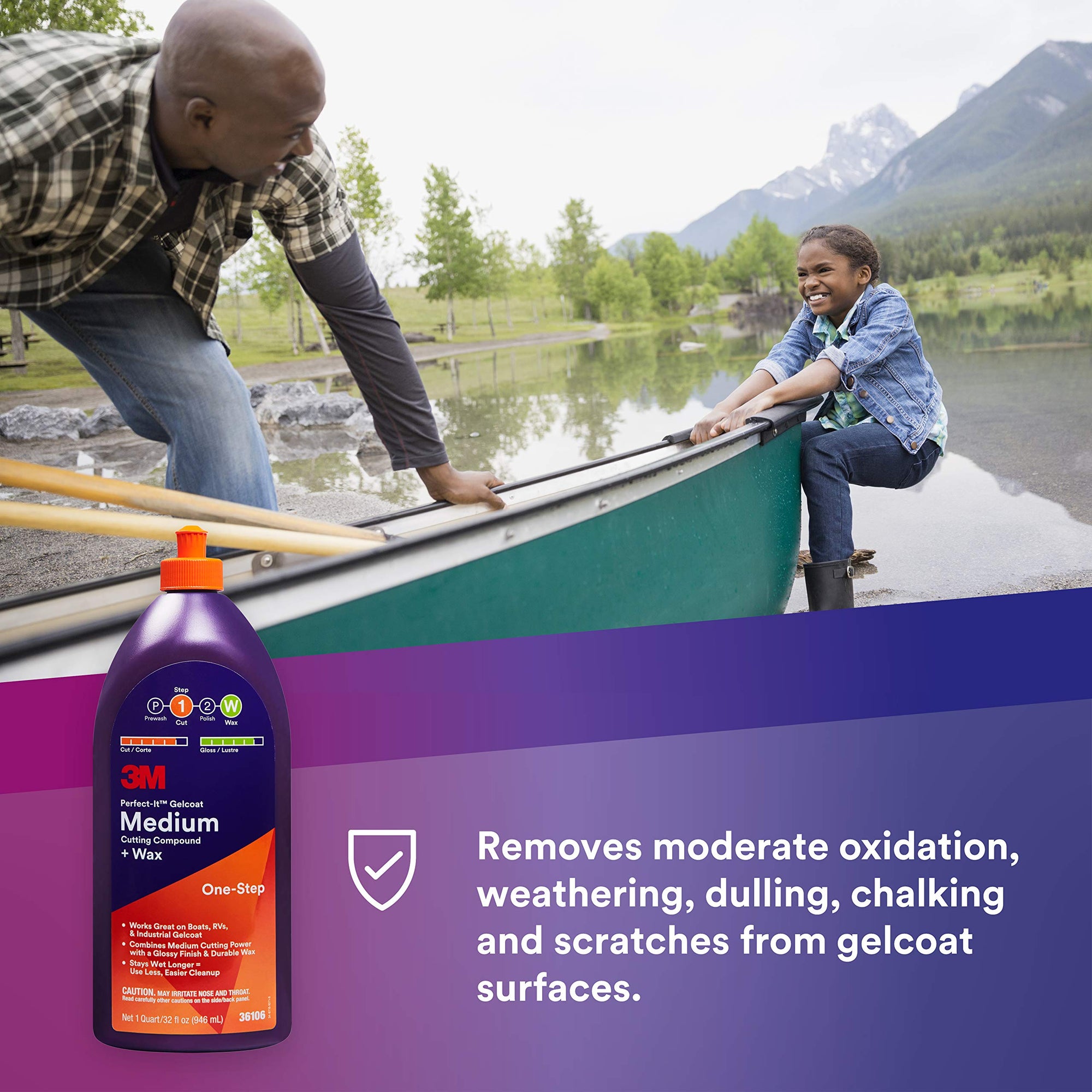 3M Perfect-It Medium Cutting Compound Gelcoat + Wax, 36106, 1 Quart, One-Step Process, P1500 and Finer Scratches, Fiberglass Oxidation Remover for Boats and RVs