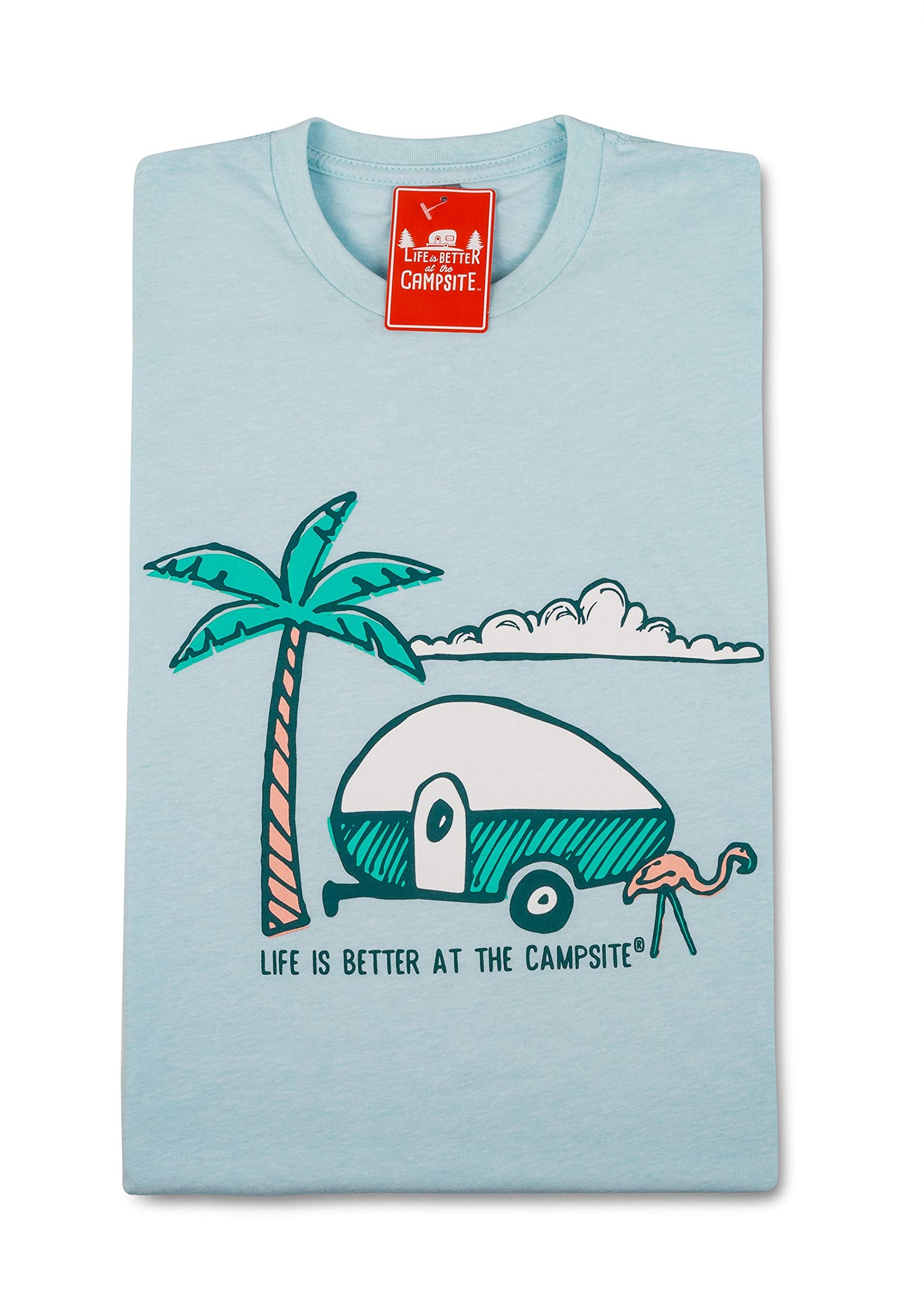 Camco Crew Neck Life is Better at The Campsite Short Sleeve T-Shirt | Features Soft Ring-Spun Cotton Fabric, Palm Tree and RV Design on Ice Blue, and is Machine Washable | Small (53335)