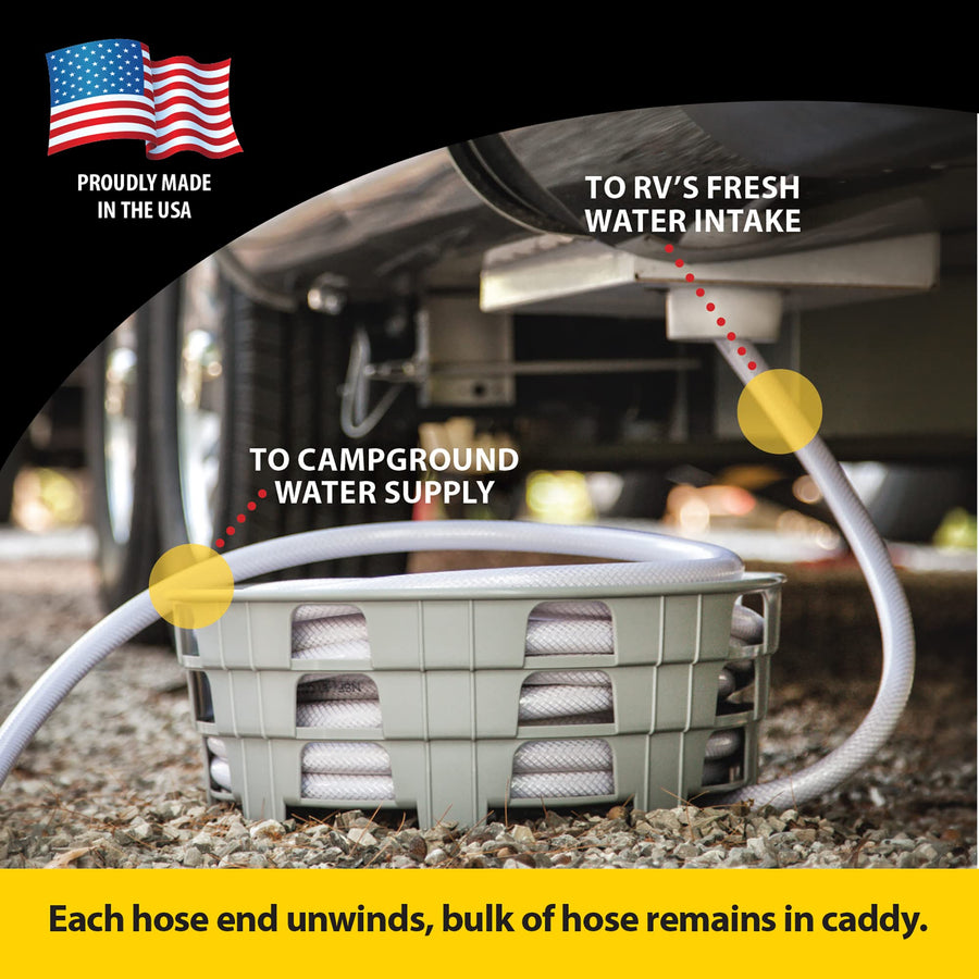 Stromberg Carlson RV Hose and Cord Caddy HC-75 for Campers and Trailers, Compact Organizer for Power Cables and Water Hoses, Durable Outdoor Storage Solution Holds 75' Fresh Water Hose, 17"x6.5", Gray