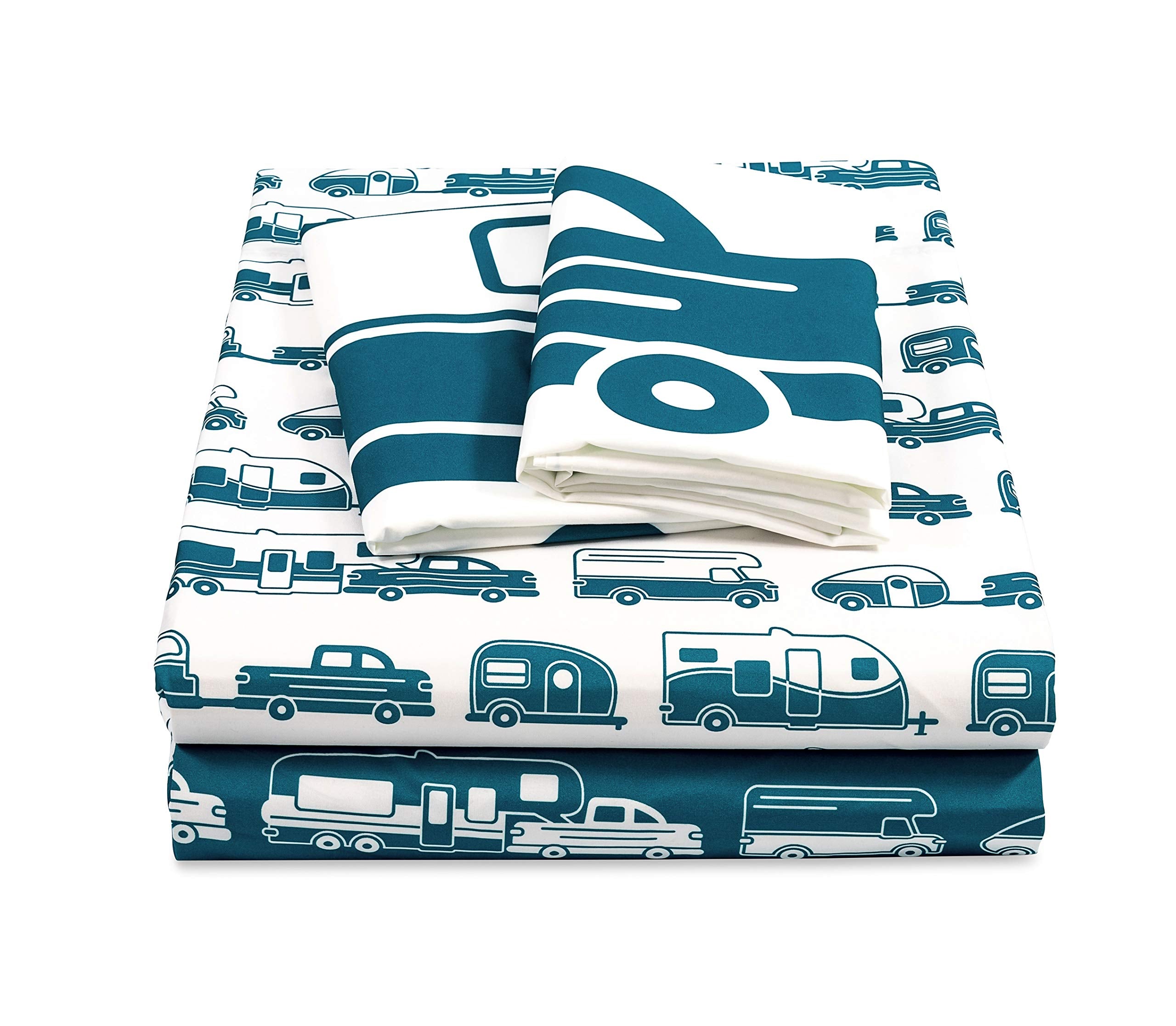 Queen-Size Bed Sheets Camco Life is Better at The Campsite | Set Includes (1) Fitted, (1) Flat Sheet and (2) Pillow Cases | Blue RV Print (53298)