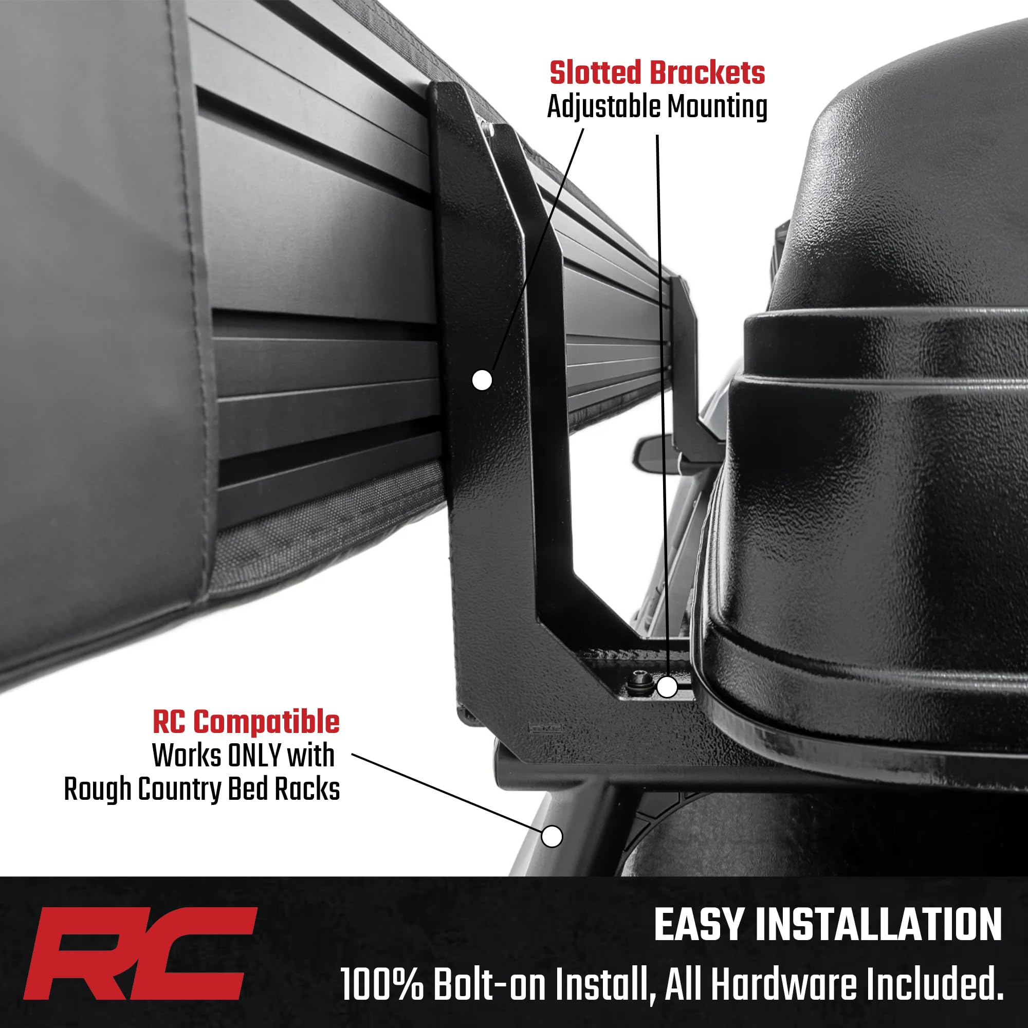 High Mount Rough Country Brackets for 270° Awning - Elevated Steel Awning Mounts for RC Bed Racks, Bolt-On Design