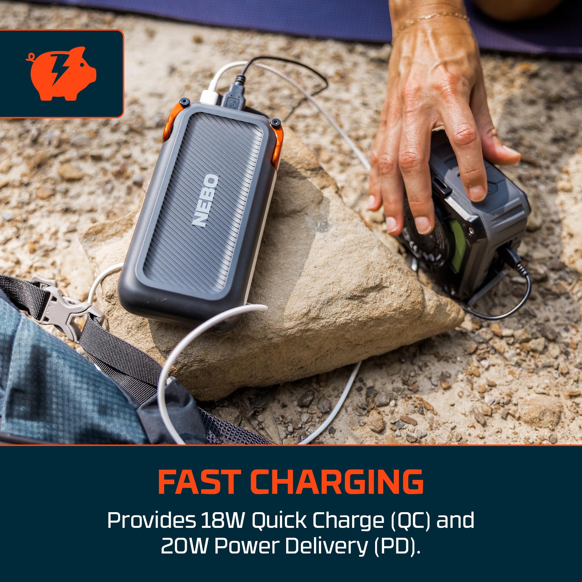 20K NEBO Rambler Hand-Held Power Bank | 74Wh Capacity, 2-Way Output Charging, USB & USB-C Ports, 4.5 Phone Recharges at Full Battery, Compact Design, Built-In Flashlight, TSA Approved Travel Essential