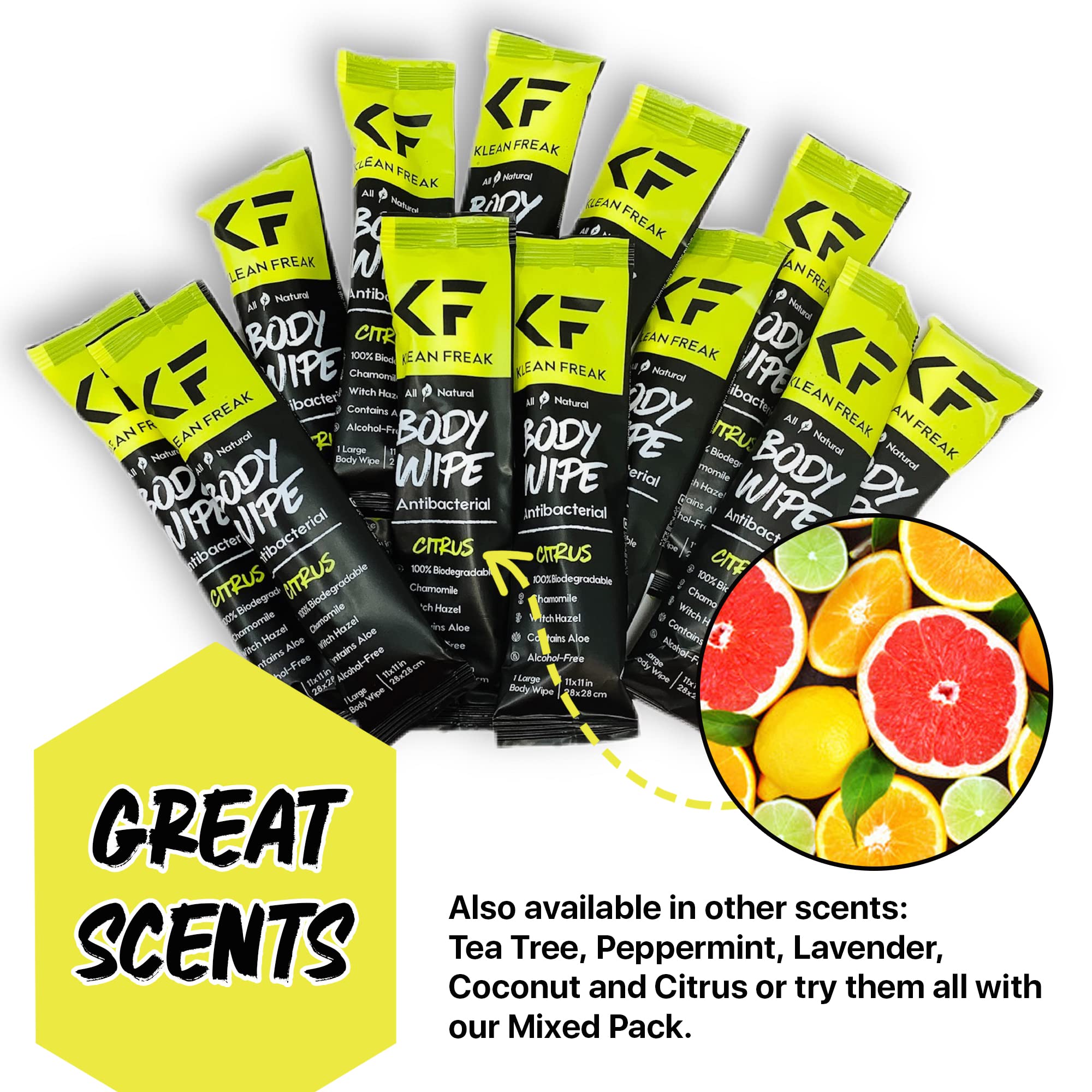 The Body Wipes Klean Freak - 12 count Individually Wrapped | Showerless Body Wipe for Women & Men | Sustainable Bodywipes for Gym, Travel, Camping | Citrus