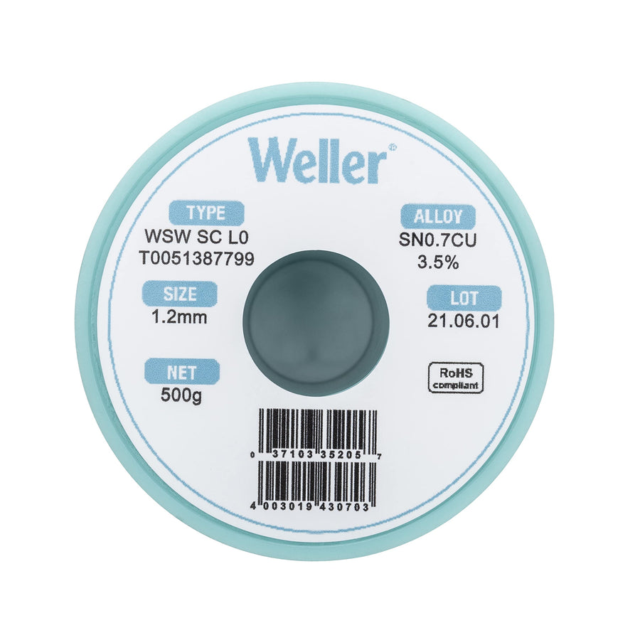 Weller Lead Free Solder Wire WSW SC L0 (T0051387799), Dia: 1.2 mm / 0.047 in, Wt: 500 g / 17.637 oz, Alloy Sn99.3Cu0.7, Flux content 3.5%