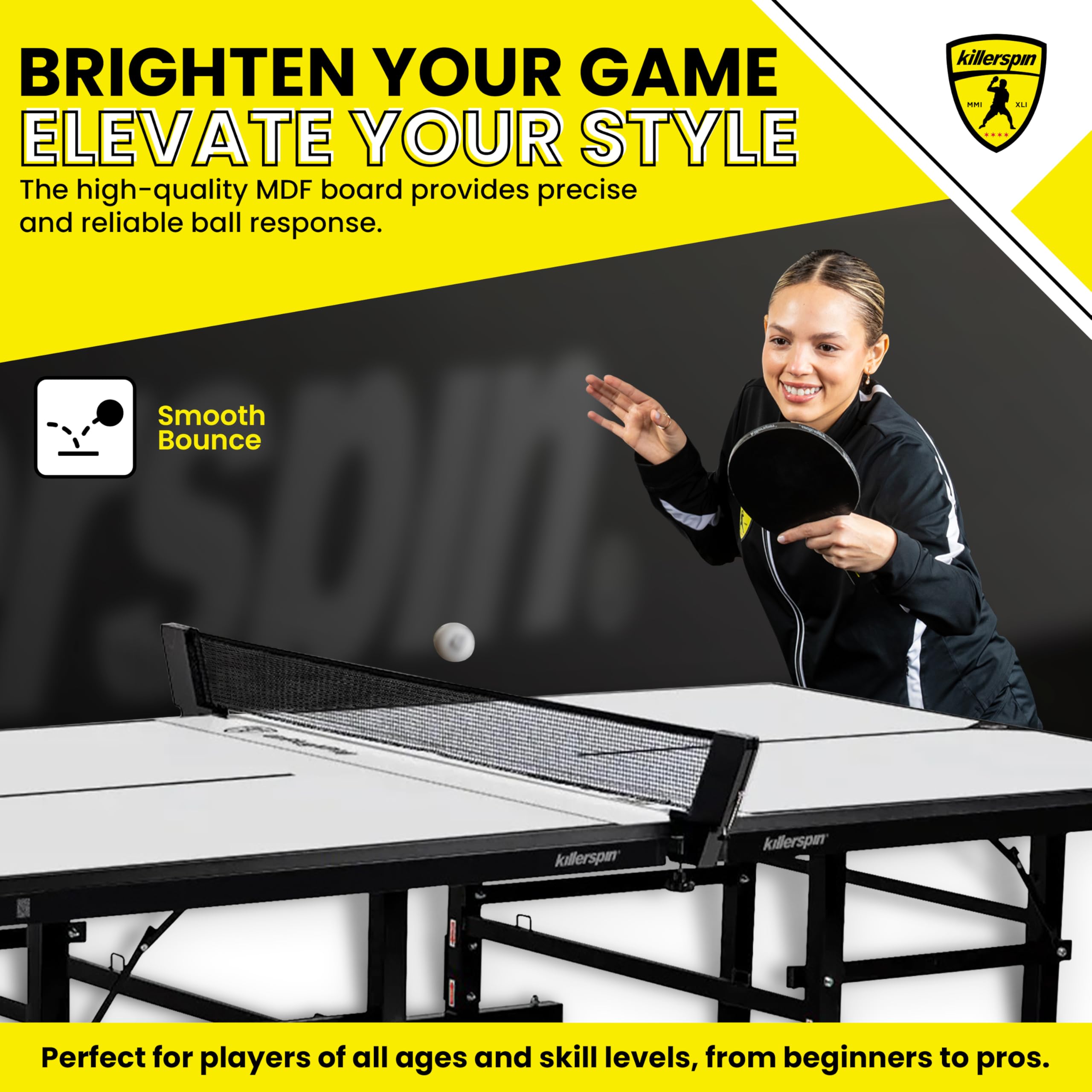 Ping Pong Table Killerspin MyT 415 Max - Foldable Table for Table Tennis, Portable Ping Pong Table Set with Built-in Paddle and Ball Storage, 25MM MDF Board Pingpongball Table, Vanilla