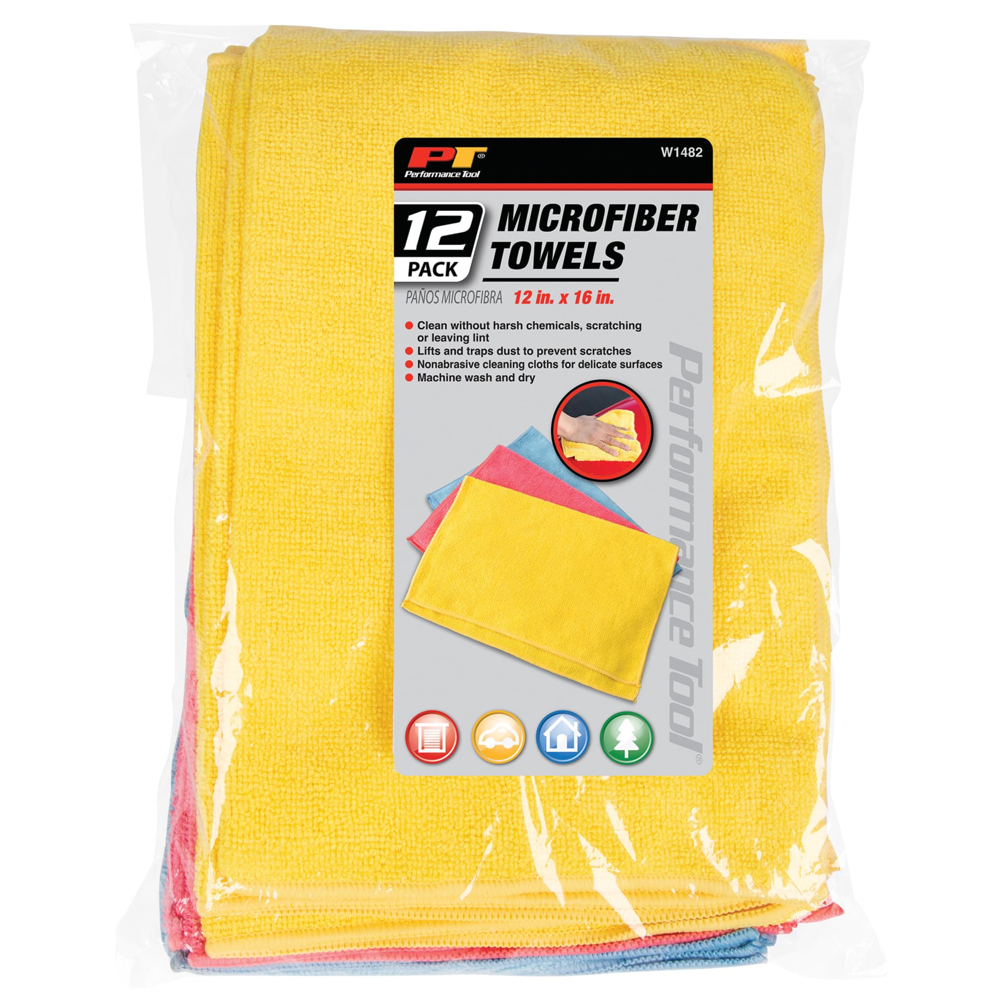 12 Pack Performance Tool W1482 Microfiber Towels, 12 x 16 Inches (30cm x 40 cm), Textured, Nonabrasive, Machine Wash and Dry, for Detailing, Washing, Dusting, Polishing, and Wiping Glass