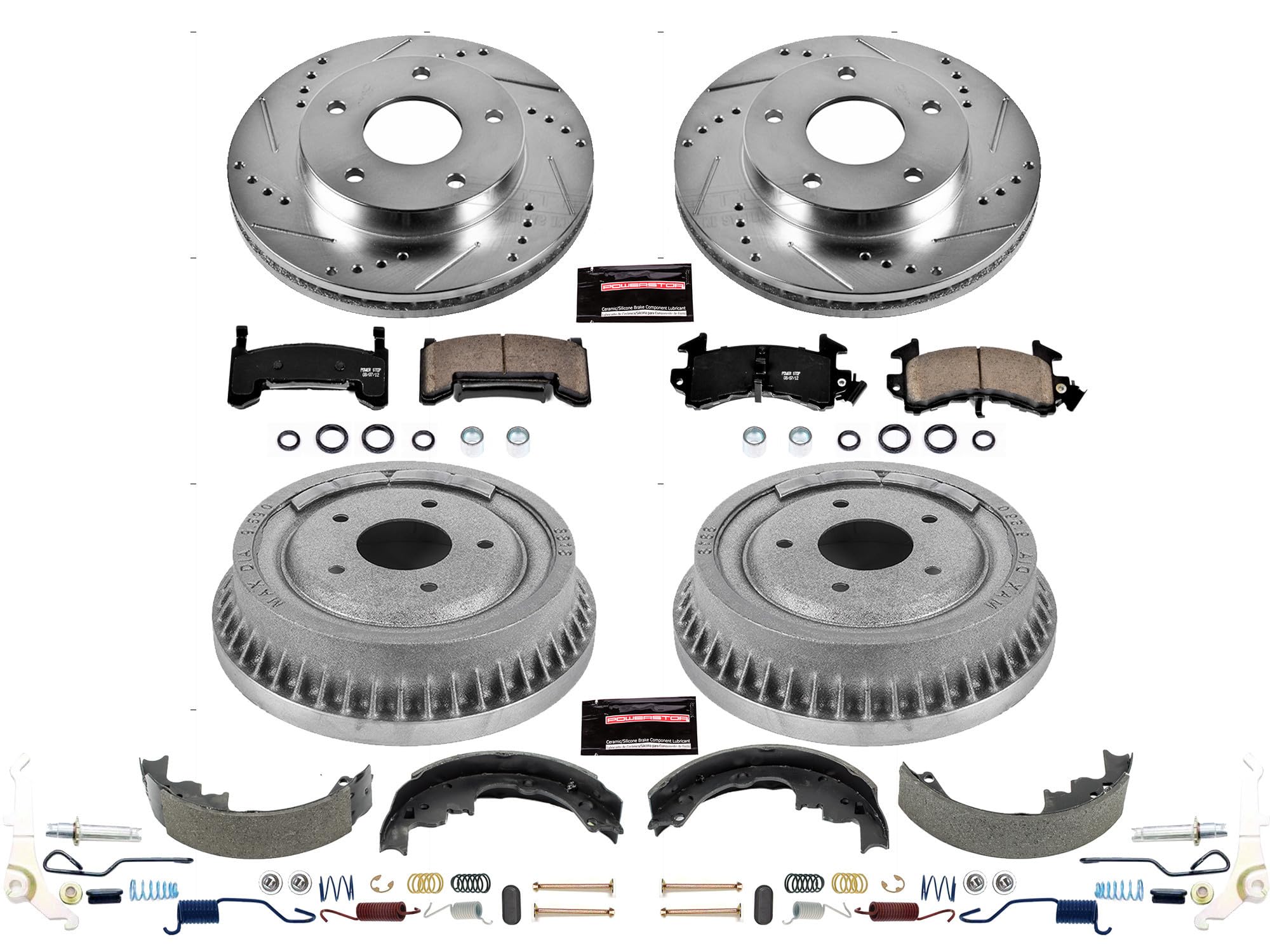 Power Stop K15050DK Z23 Carbon Fiber Brake Pads Front and Rear with Drilled & Slotted Brake Drums Kit For S10, S10 Blazer, S15, S15 Jimmy, Son, Sycl, Olds Bra [Model Specific]