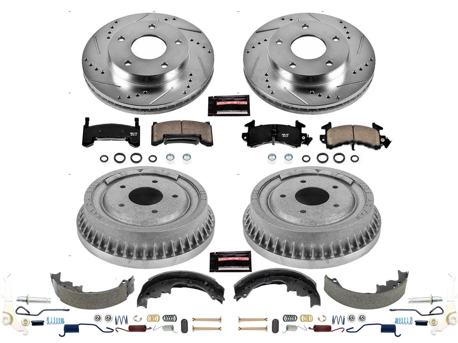Power Stop K15050DK Z23 Carbon Fiber Brake Pads Front and Rear with Drilled & Slotted Brake Drums Kit For S10, S10 Blazer, S15, S15 Jimmy, Son, Sycl, Olds Bra [Model Specific]