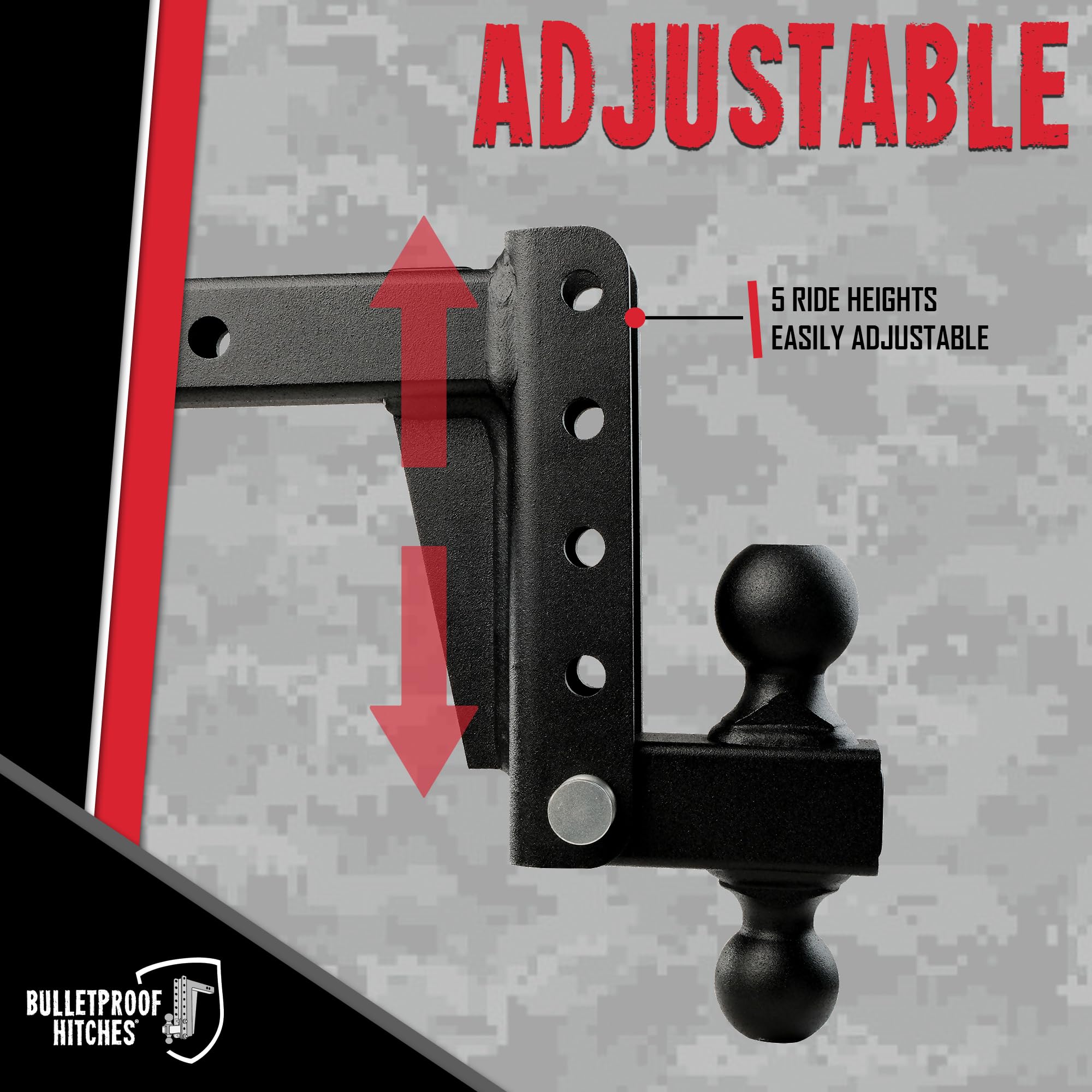 2.0" BulletProof Hitches Adjustable Light Duty Trailer Hitch (10,000 lb. Rating) - 6" Drop/Rise Trailer Hitch with 2" & 2-5/16" Dual Ball - Powder Coat, Box Steel, Corrosion-Resistant
