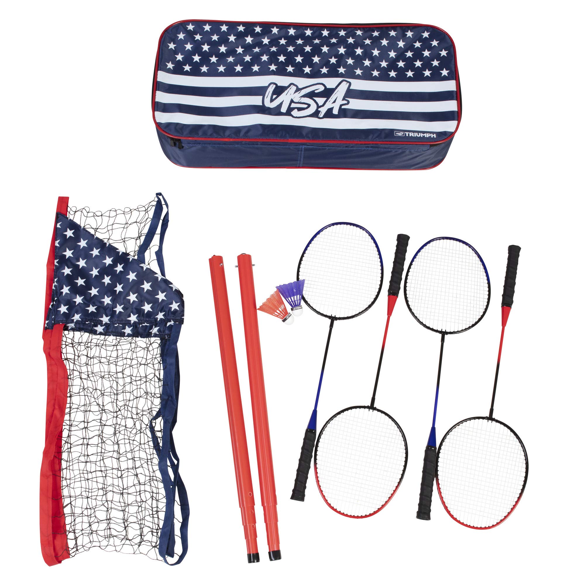 Portable Triumph Sports Patriotic Badminton Set with Freestanding Base Sets Up on Any Surface in Seconds – No Tools or Stakes Required, Multi