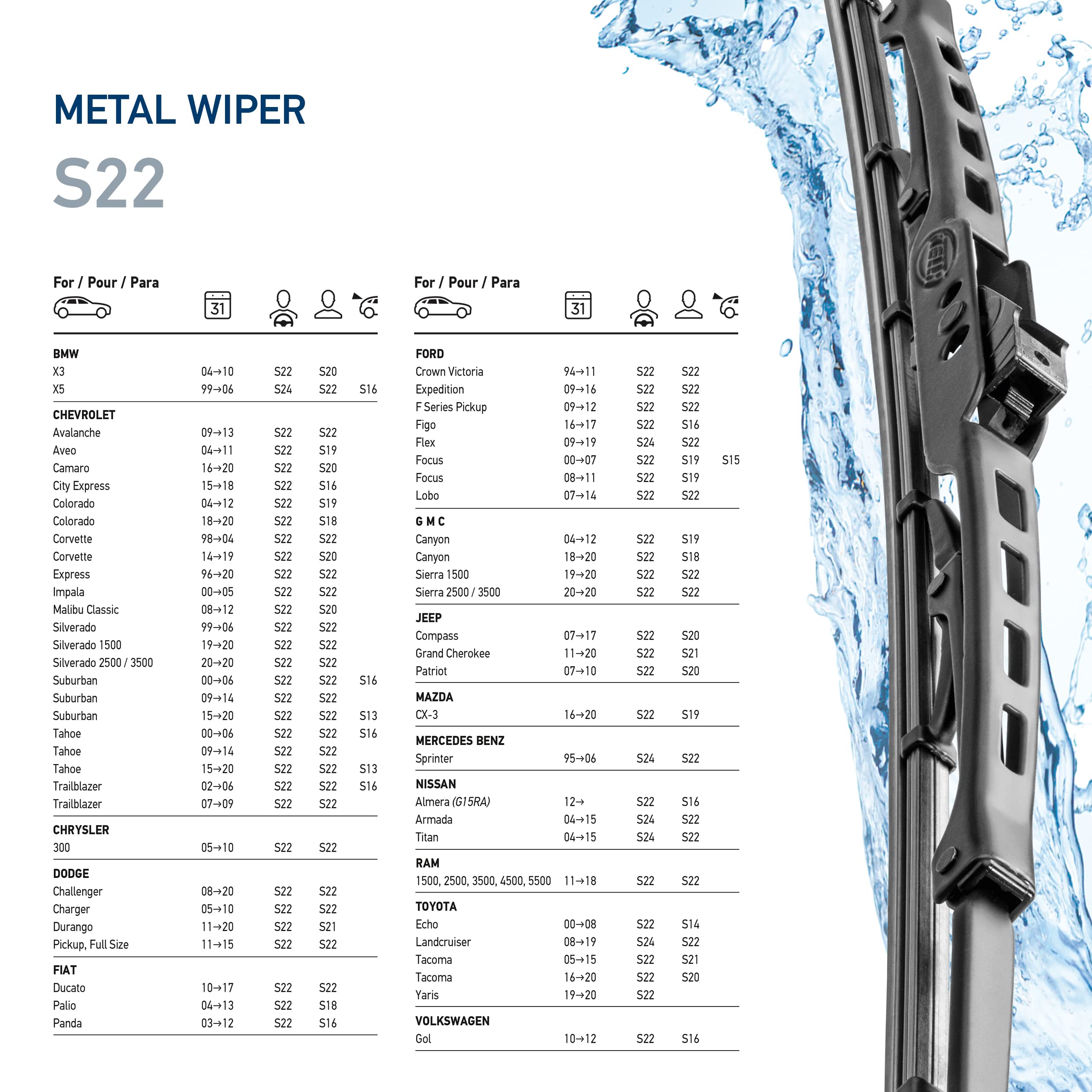 Hella 22 Inch OE Quality All Seasons Streak-Free Rubber Standard Wiper Blade (Single Blade) fits select BMW Chevrolet Chrysler Dodge Ford Jeep Mazda Mercedes-Benz Nissan Ram Toyota VW / 9XW398114022
