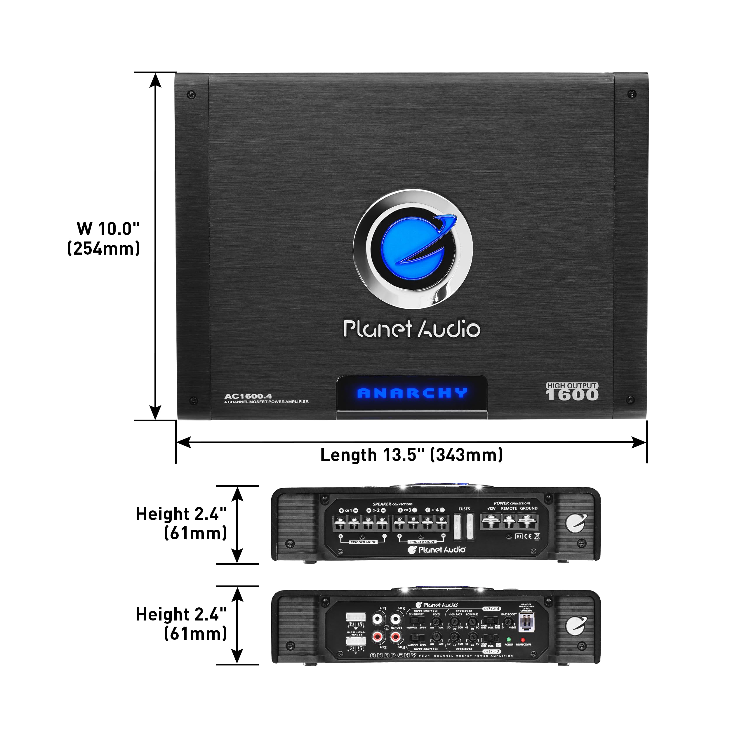 Planet Audio Anarchy Series AC1600.4 4 Channel Class A/B Car Amplifier - 1600 High Output, High/Low Pass Crossover, Hook up to Subwoofer for Bass