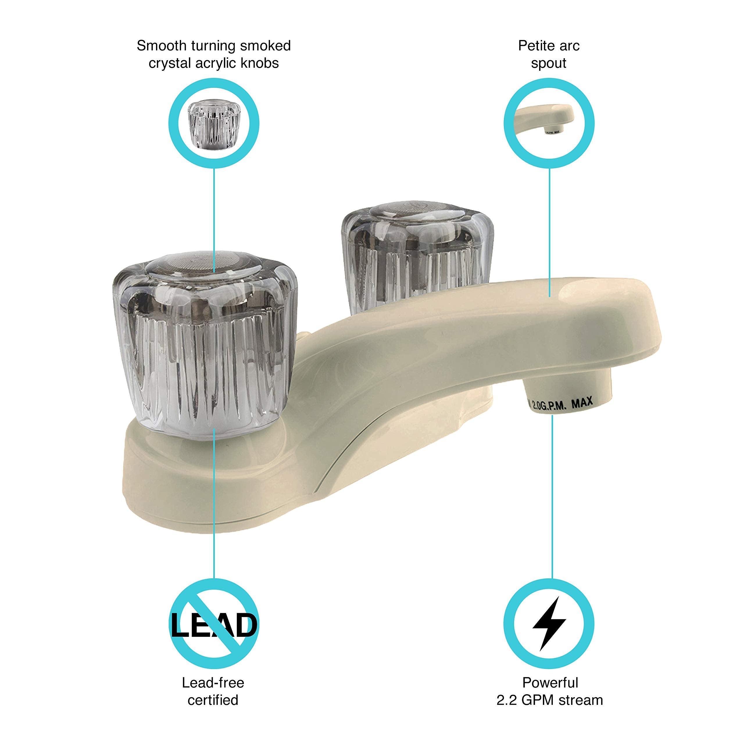 Dura Faucet RV Bathroom Faucet DF-PL700S-BQ with Smoked Acrylic Knobs (Bisque Parchment)