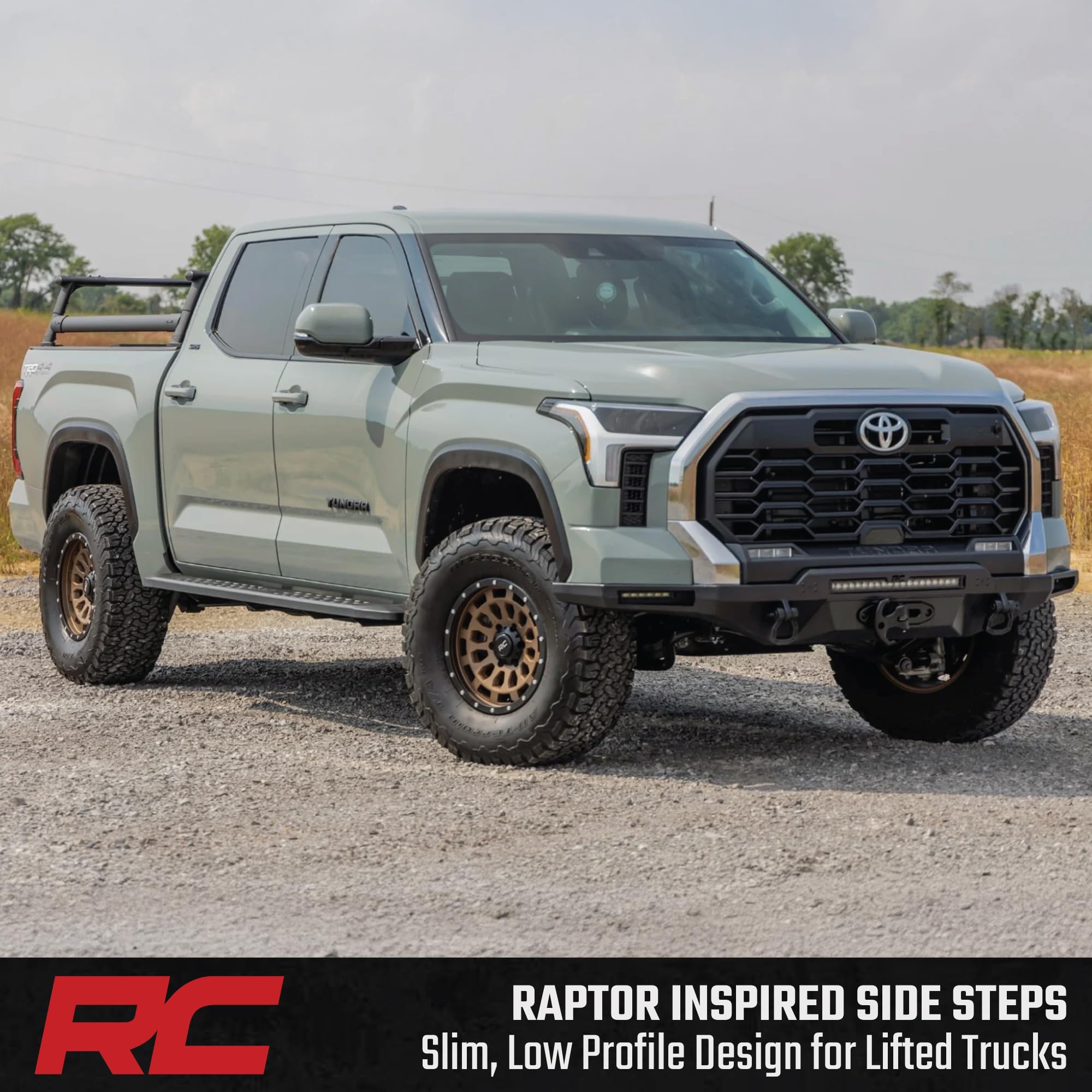 Rough Country Running Boards RPT2 for Toyota Tundra (2022–2026) – Fits Crew Cab 2WD/4WD, 6.75" Steel Side Steps, No-Drill Install, Matte Black Raptor-Style Rails