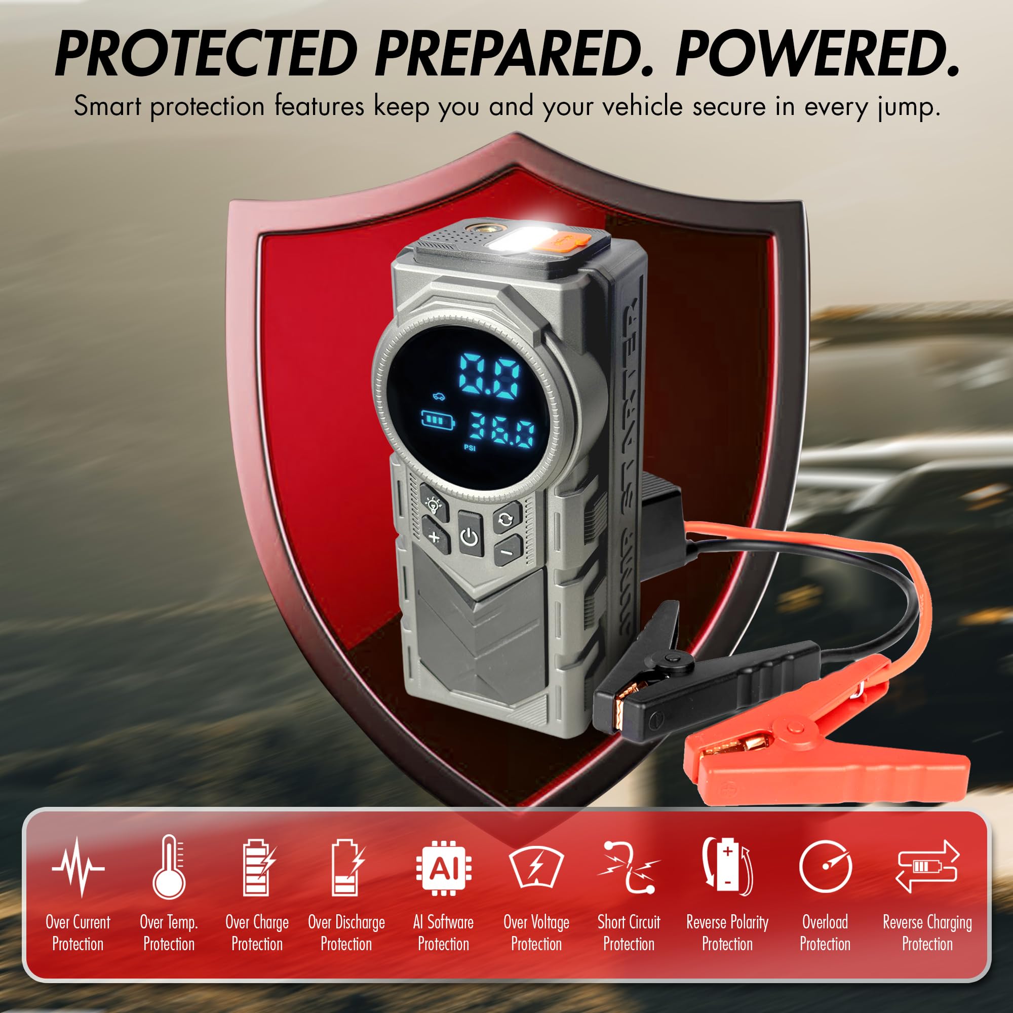 Wagan iOnBoost V10 Air Jump Starter with Tire Inflator Portable 1500A Peak 12V Lithium Car Battery Booster with 150PSI Air Compressor LCD Pressure Display Built-in LED Light UL Certified