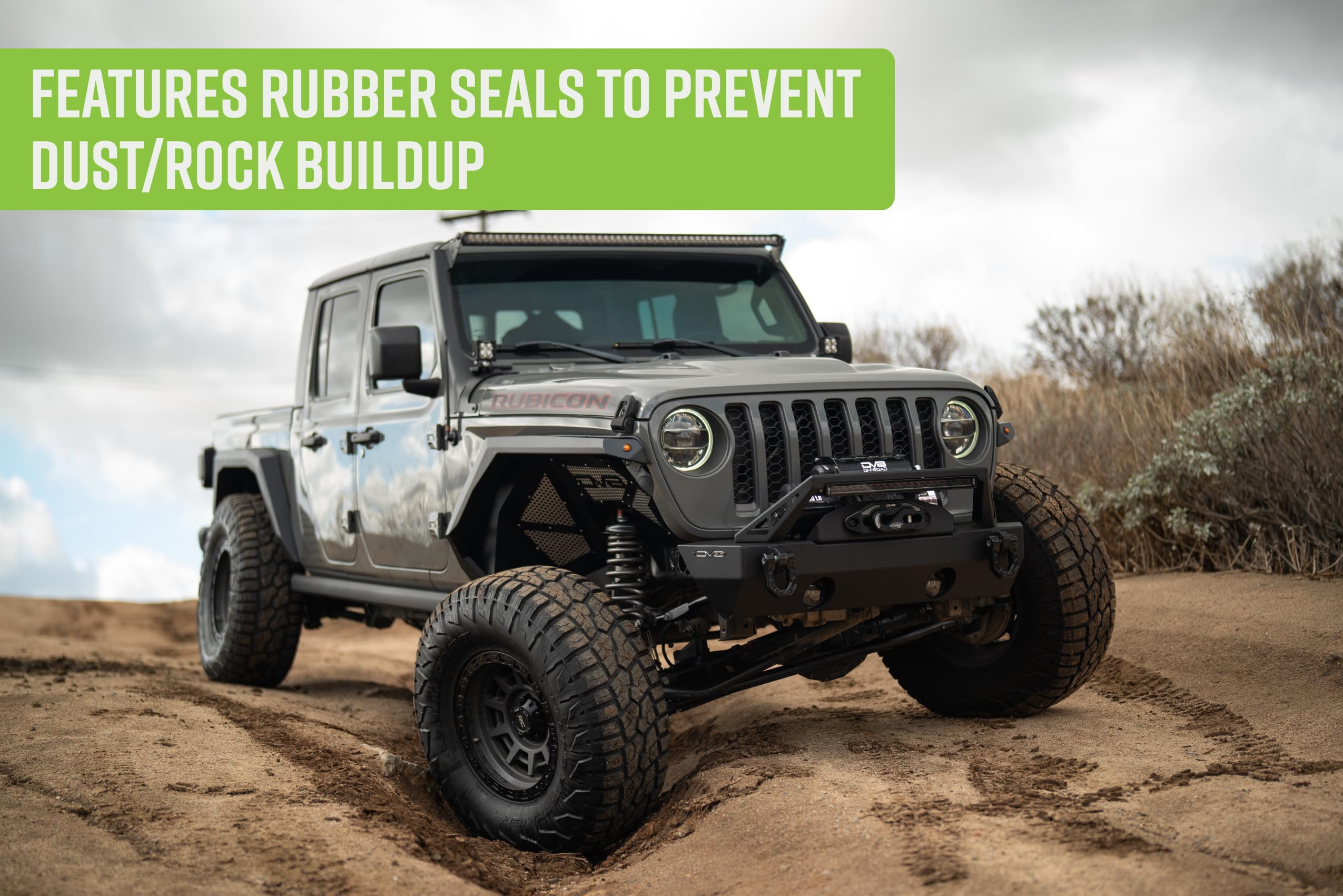 Armor Fender Flares DV8 Offroad for 2020-2025 Jeep Gladiator JT | Rigid Armor-Plated Steel Design | Narrow Width | Paintable Aluminum Accent Panels | (2) Amber Turn Signals | Powder Coated Black