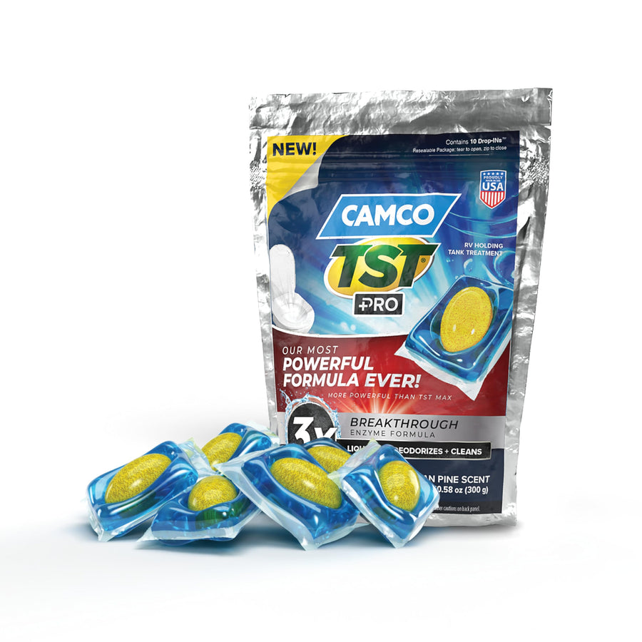 Camco TST PRO Drop-INs RV Toilet Treatment - New & Innovative Bio-Enzymatic Formula for Rapid RV Sewer Break Down - RV Black Tank Treatment - Fresh Pine Scent - Septic-Safe, 10-Pack (41770)