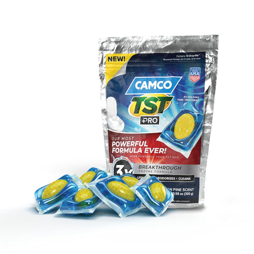 Camco TST PRO Drop-INs RV Toilet Treatment - New & Innovative Bio-Enzymatic Formula for Rapid RV Sewer Break Down - RV Black Tank Treatment - Fresh Pine Scent - Septic-Safe, 10-Pack (41770)