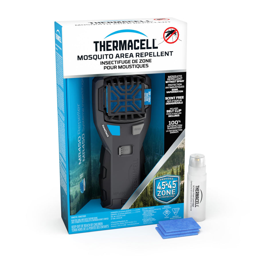 Gray Thermacell MR450 Armored Portable Mosquito Repeller with Belt Clip & ZoneCheck; Includes 12-Hours of Rugged Mosquito Protection; No DEET, Mess, Flame or Scent; Bug Spray Alternative