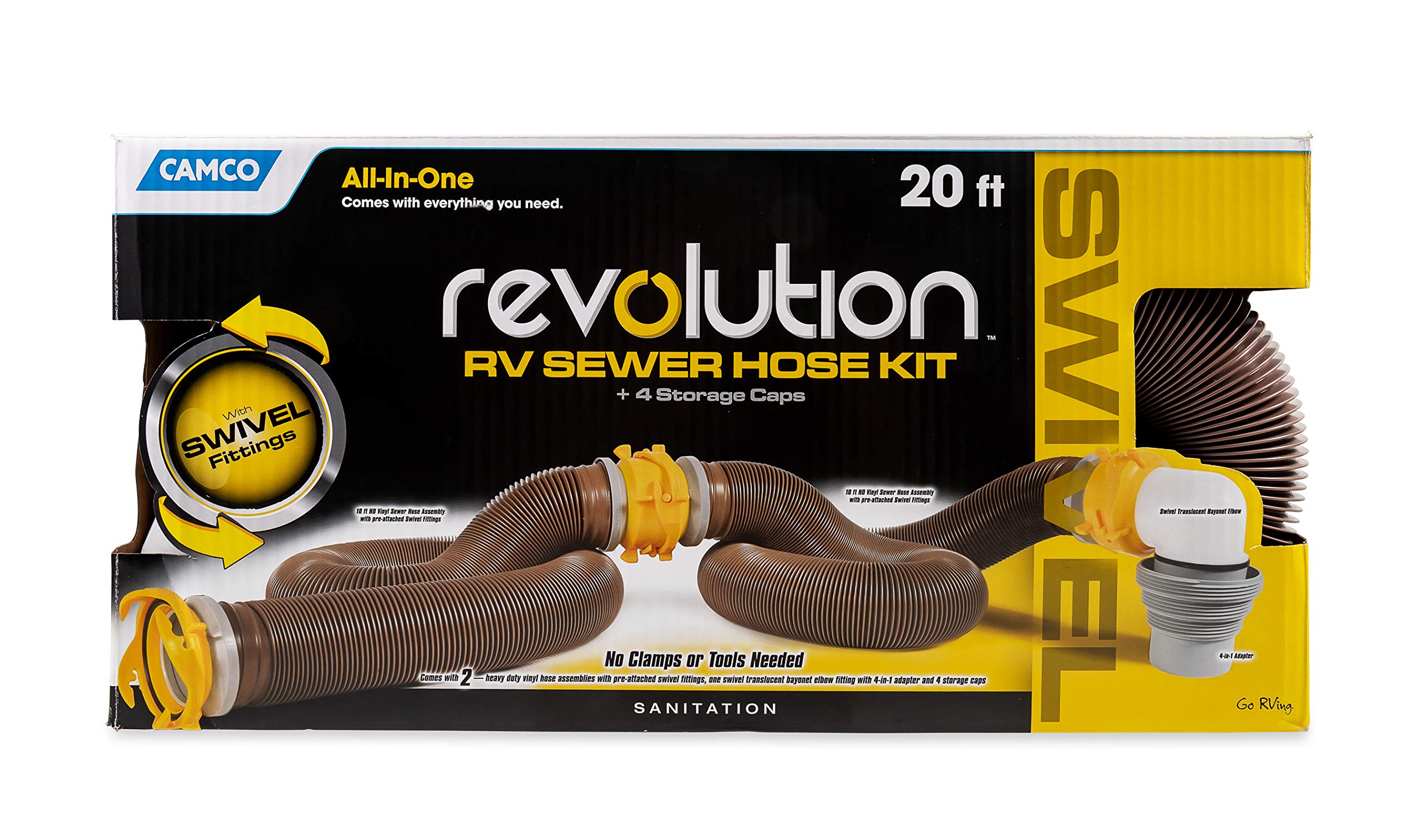 Revolution Camco 20' Sewer Hose Kit with 360 Degree Swivel Fittings and 4-in-1 Elbow Adapter, Ready to Use Kit with Hose and Adapter