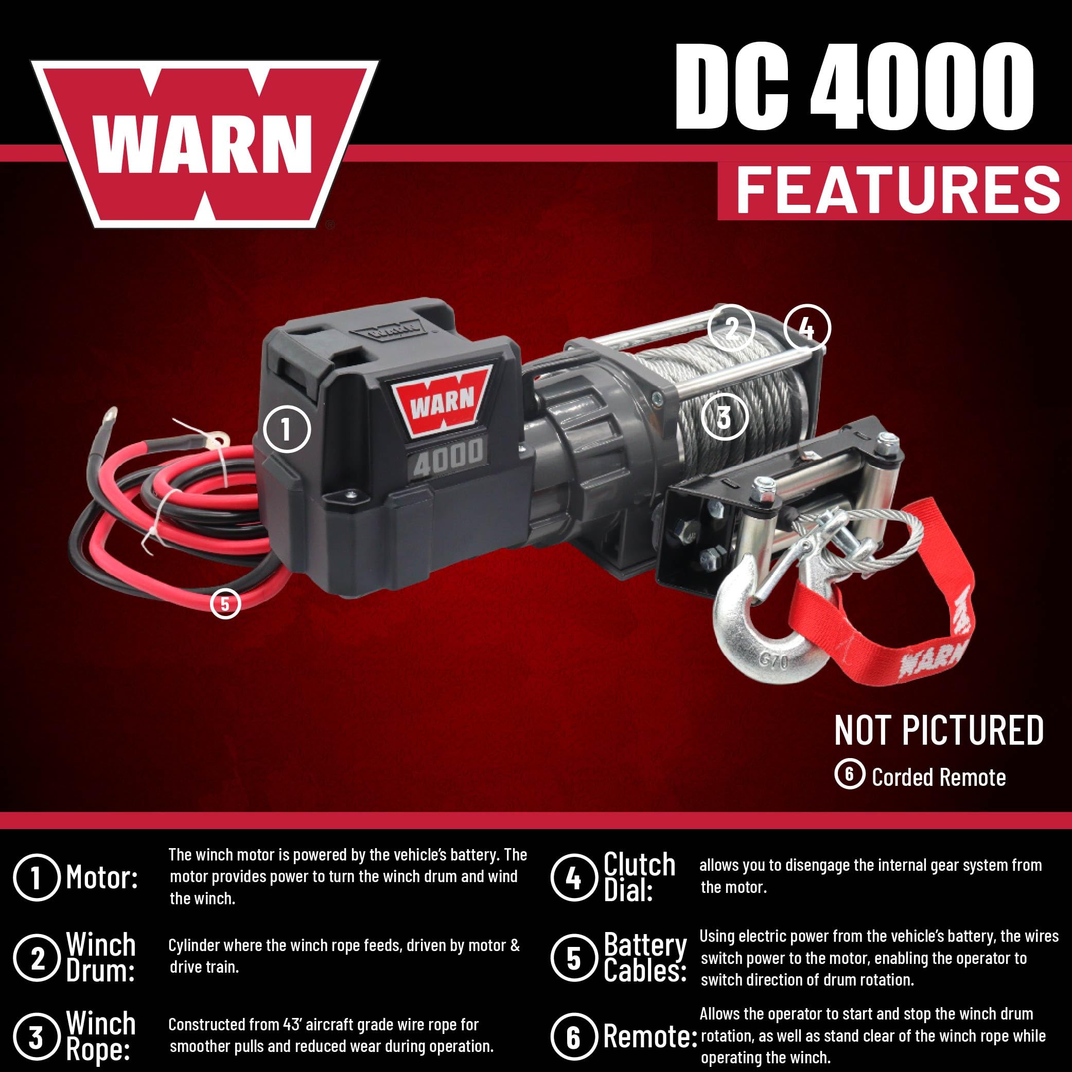 4000 WARN DC 12V Utility Winch with Wire Rope - 4000 lb Pulling Capacity, 50' Galvanized Steel Cable, Roller Fairlead, Wired Remote - 94000 Portable 12 Volt Winch for UTV, ATV, Truck, Trailer