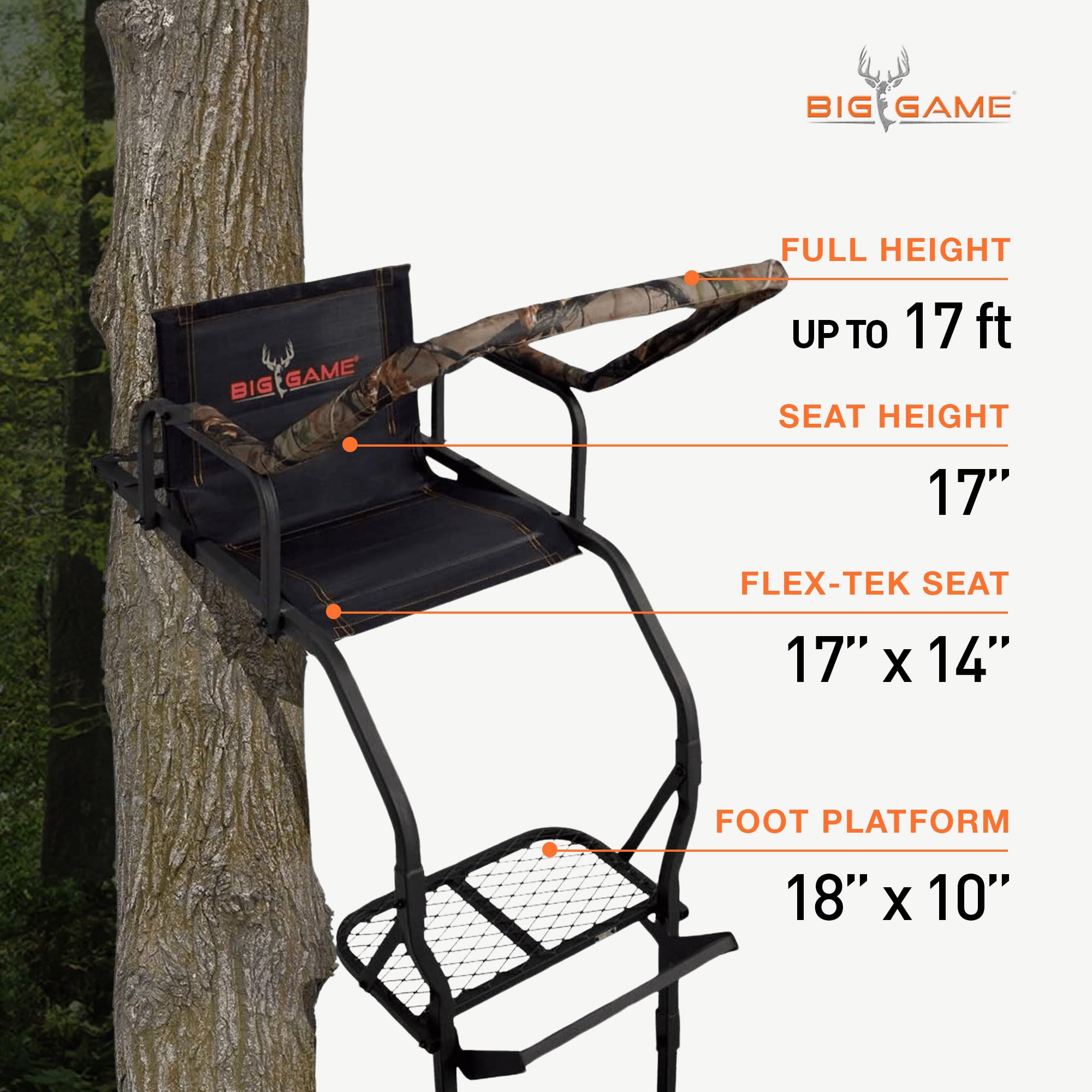 1-Person BIG GAME Ladder Tree Stand for Hunting Deer, Flex-Tek Seat, 17' Tall, Black - Adjustable Climbing Treestand with Platform and Safety Harness for Shooting