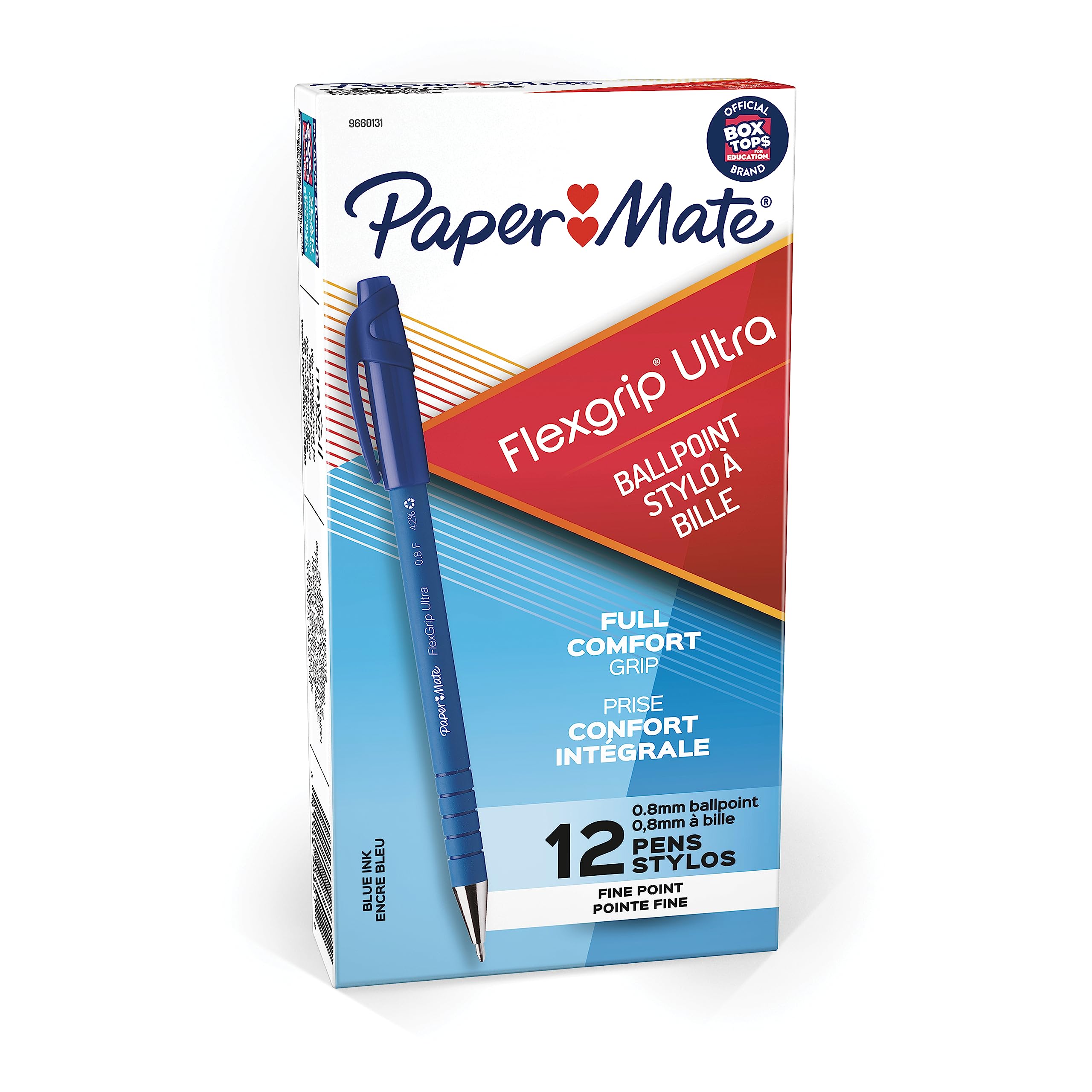Paper Mate FlexGrip Ultra Stick Ball Pen, Blue Barrel, Fine Point, 0.80 mm, Blue Ink (9660131), Pack of 12