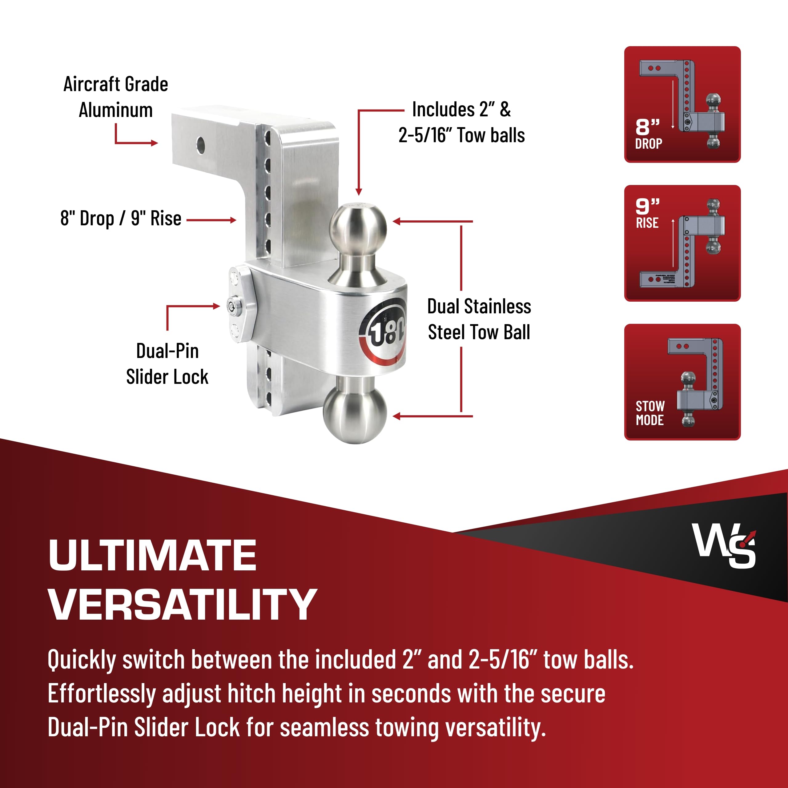Weigh Safe Adjustable Hitch Trailer Ball Mount - 8" Adjustable Drop Hitch for 2.5" Receiver - Premium Heavy Duty Aluminum Trailer Tow Hitch w/ Stainless Steel Tow Balls (2" & 2 5/16") - 18,500 lbs GTW