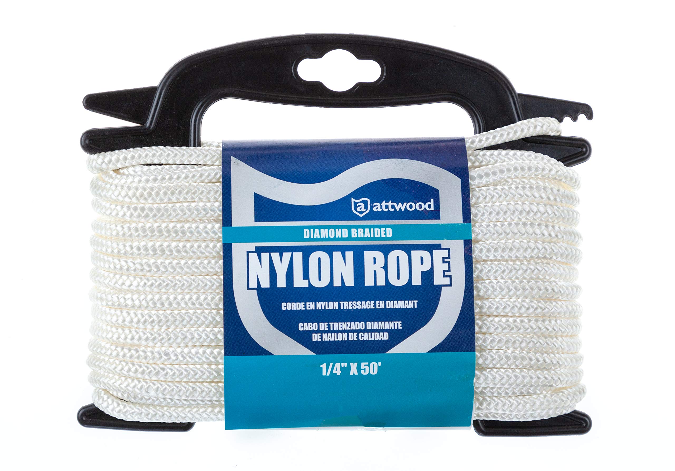 Diamond Braided Attwood Nylon Rope, ¼-Inch Thick, 50 Feet Long, White, Multifilament Fiber Construction