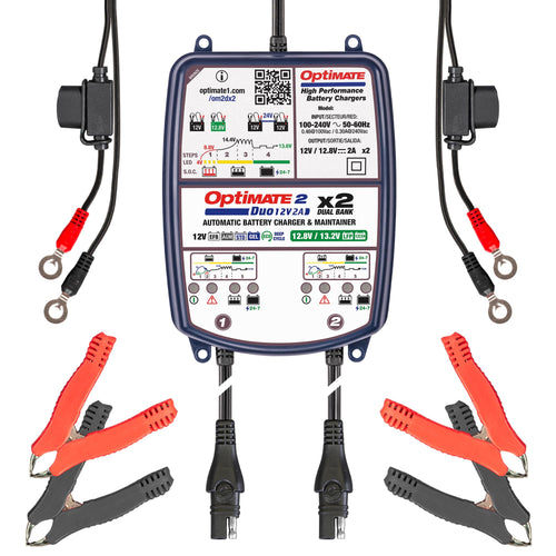 Optimate 2 Duo Tecmate x 2 Bank, TM-571, Bronze Series: 5-Step 2X 12V / 12.8V 2A Sealed Battery Charger & maintainer, Blue
