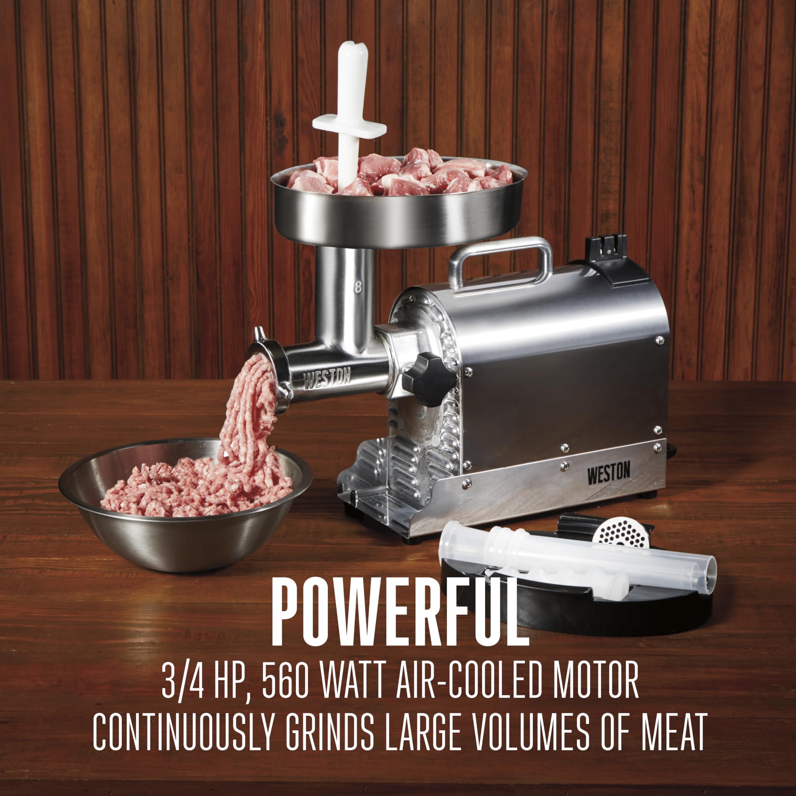Weston Electric Pro Series Meat Grinder, Commercial Grade, 560 Watts, .75 HP, 6lbs. Per Minute, Stainless Steel (10-0801-W)