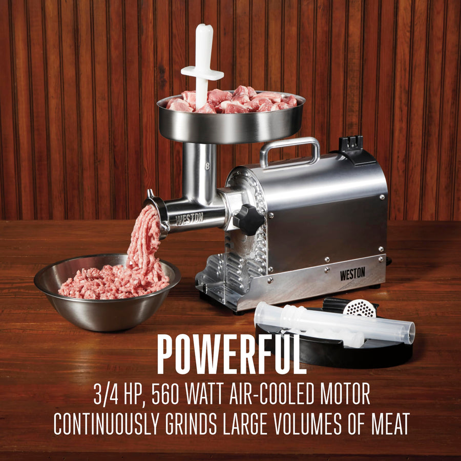 Weston Electric Pro Series Meat Grinder, Commercial Grade, 560 Watts, .75 HP, 6lbs. Per Minute, Stainless Steel (10-0801-W)