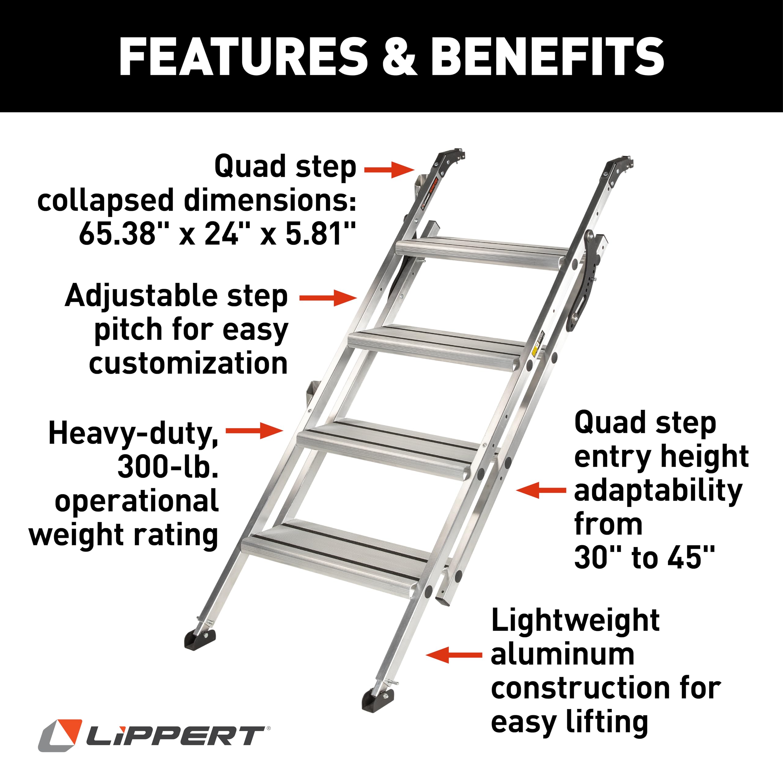 Lippert Quad Victory Step RV Steps for Toy Hauler Patio Systems with Entry Assist Handrail, 300-lb. Weight Capacity, 8" Rise, Anti-Slip Treads, Adjust Legs/Step Pitch, Easy Storage - 2023024501
