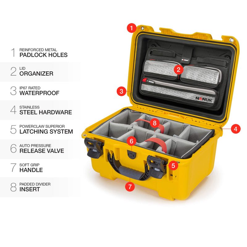 Waterproof Nanuk 918 Hard Case with Lid Organizer and Padded Divider - Yellow