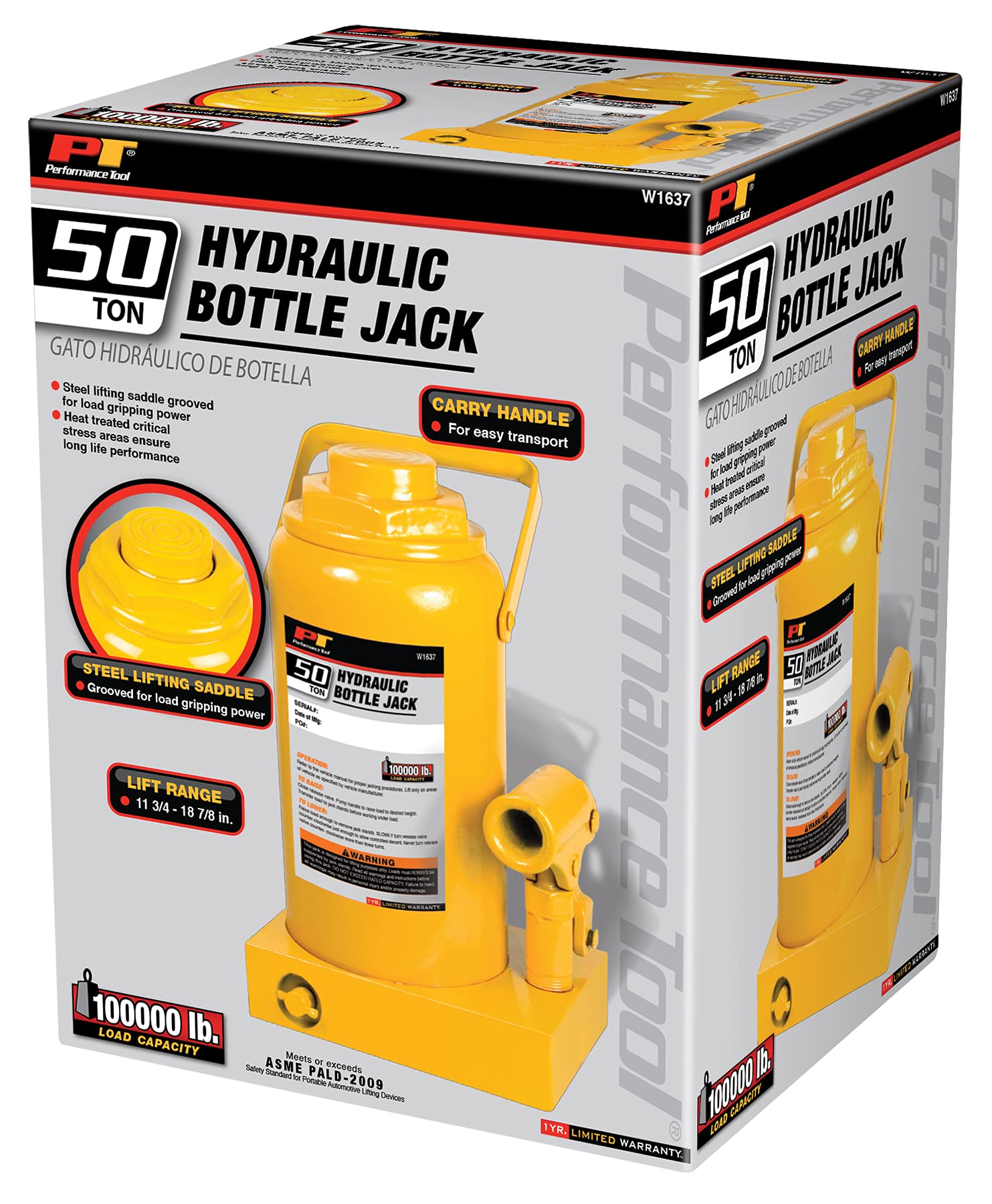 50 Ton Performance Tool W1637 Heavy Duty Hydraulic Bottle Jack (100,000 lbs.)