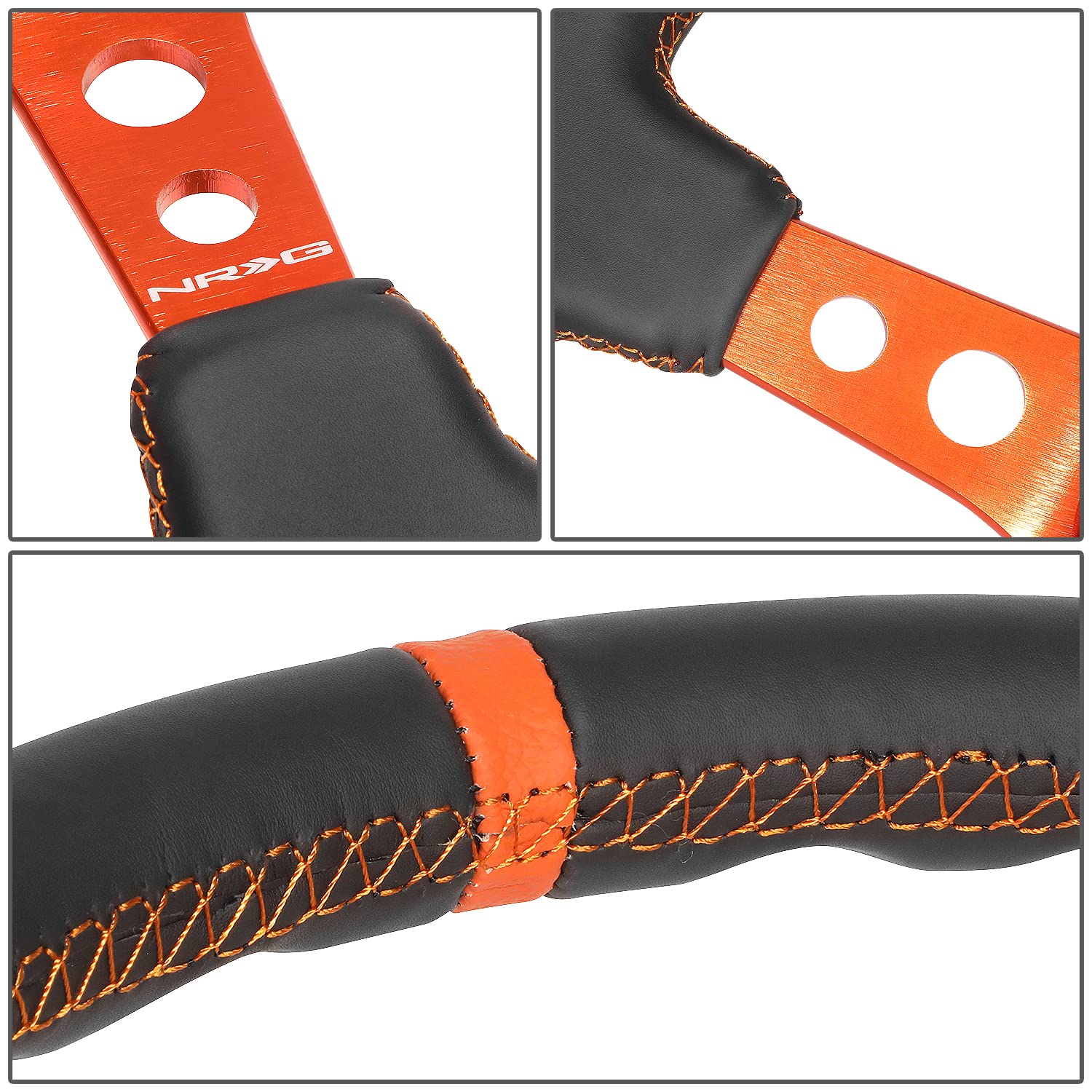 NRG Innovations Reinforced NRG-RST-006OR Steering Wheel 350MM Sport Steering Wheel, Black Leather Orange Center Mark with Orange Stitching and Orange Center Spoke