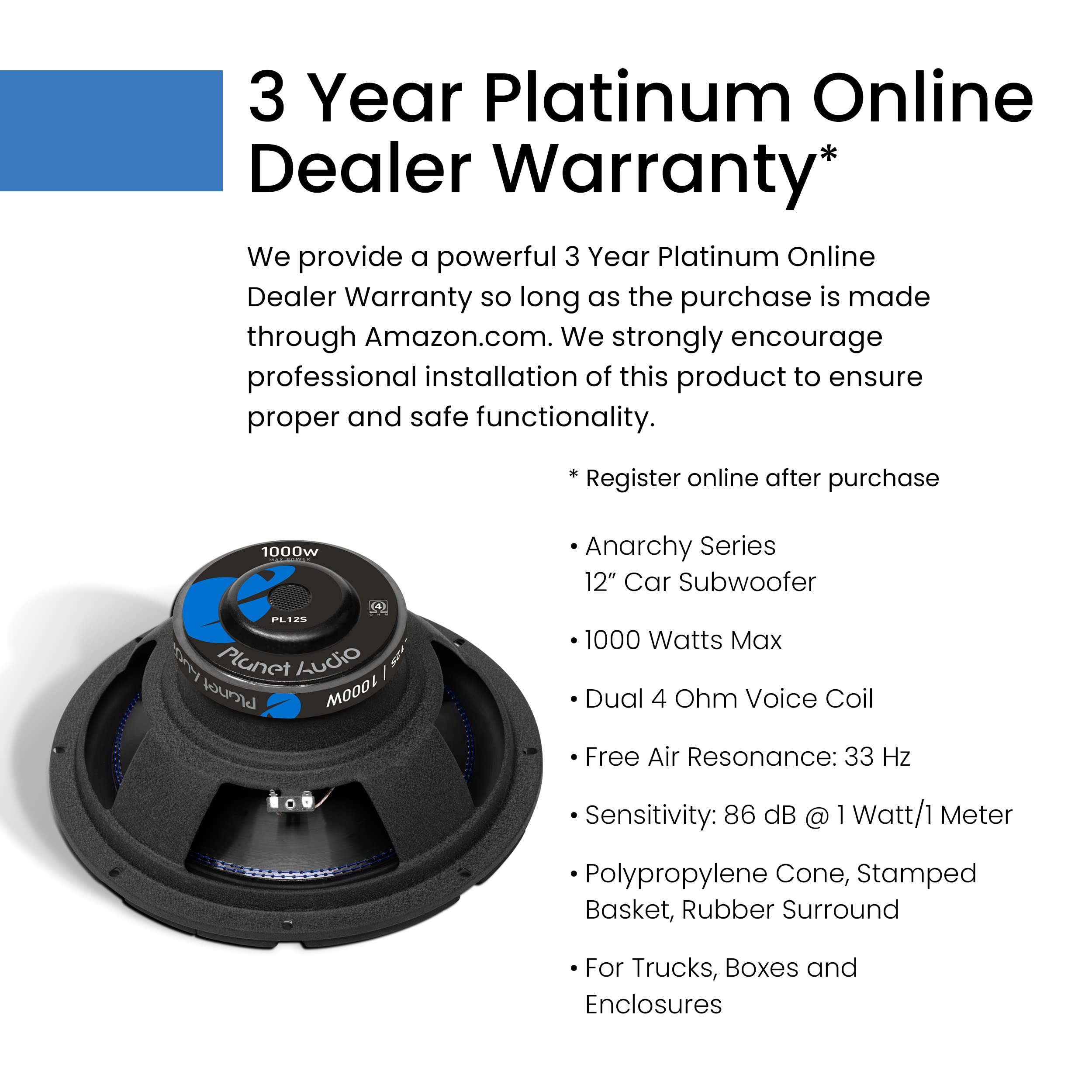 Planet Audio Pulse Series PL12S 12 Inch Car Audio Subwoofer - 1000 Watts Max, Single 4 Ohm Voice Coil, Sold Individually, for Truck, Boxes and Enclosures, Use with Amplifier