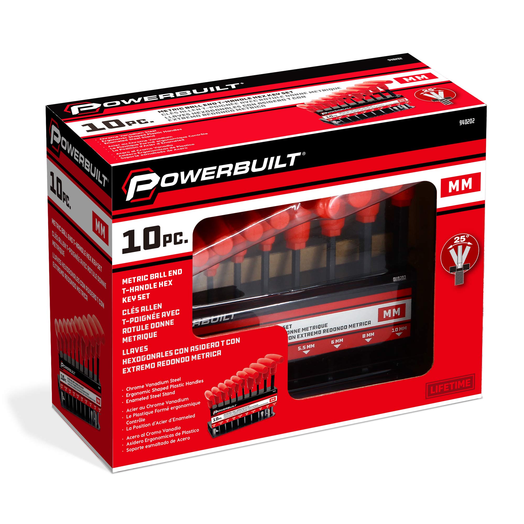 10 Pc. Powerbuilt Metric T-Handle Hex Key Set – 2mm to 10mm Ball-End Allen Wrenches, Chrome Vanadium Steel, Ergonomic Grip, with Metal Storage Rack - 940202